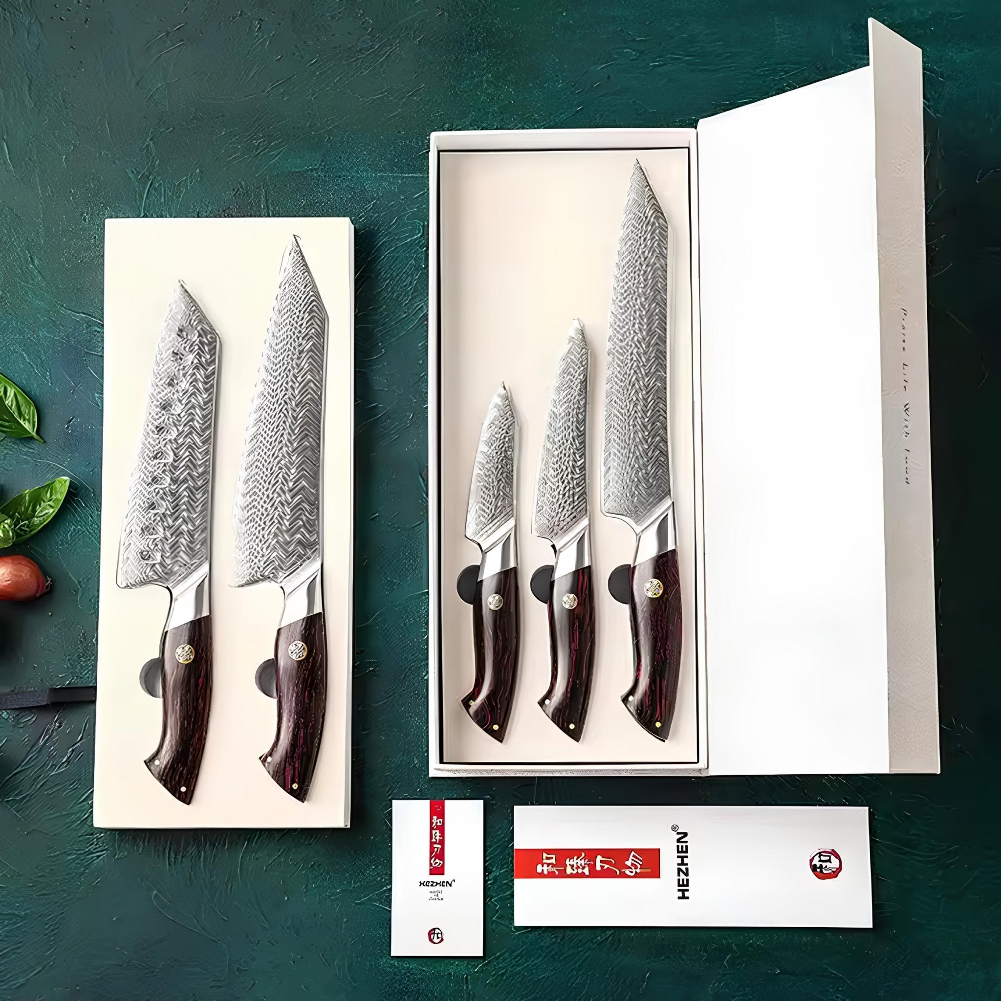 Conjunto de Facas de Chef 5 Peças em Aço Damasco de 73 Camadas com Cabo G10 - Forja Fogo&Faca