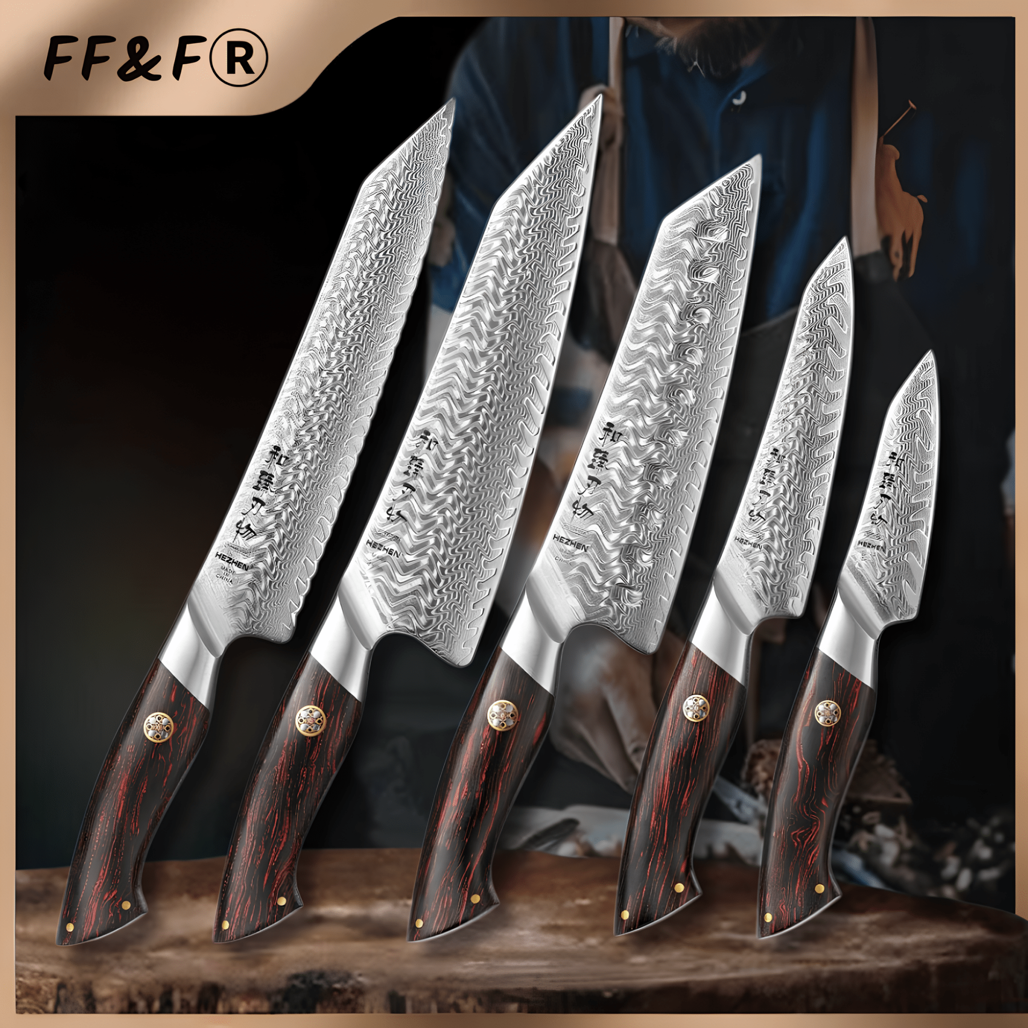 Conjunto de Facas de Chef 5 Peças em Aço Damasco de 73 Camadas com Cabo G10 - Forja Fogo&Faca
