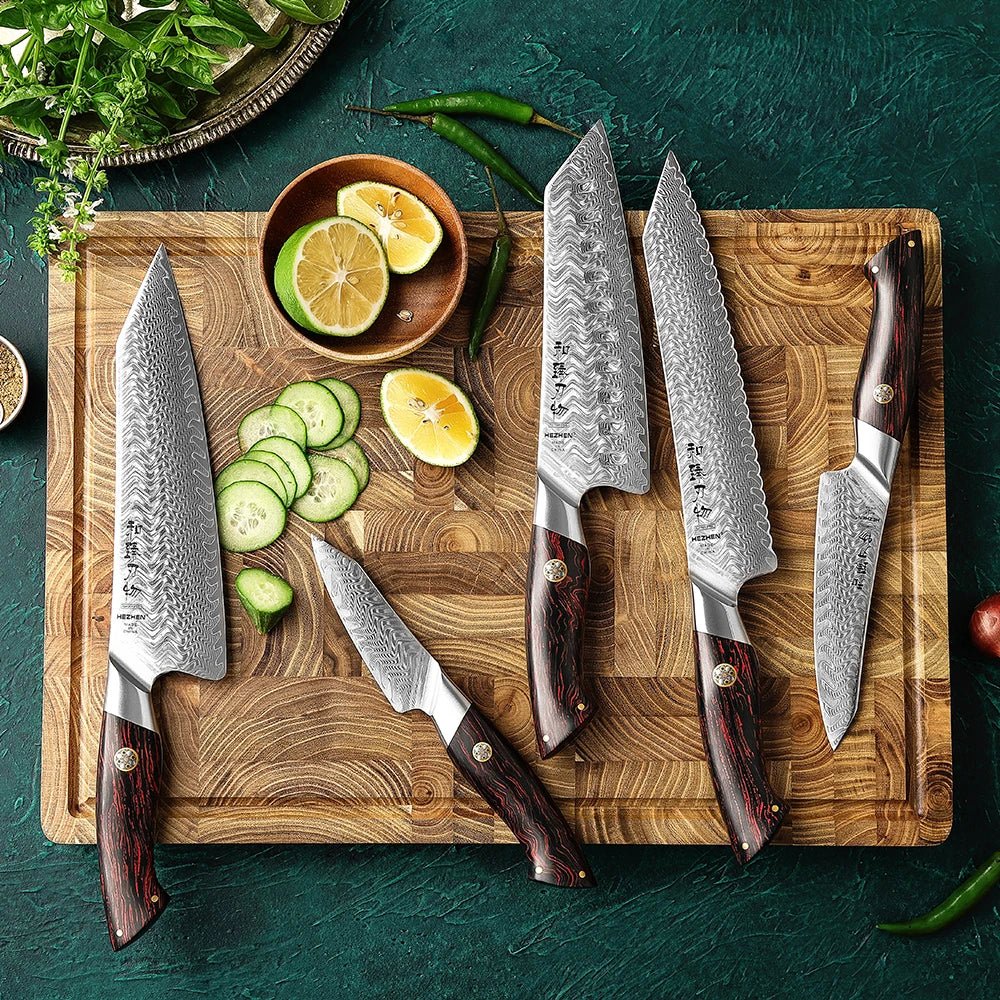 Conjunto de Facas de Chef 5 Peças em Aço Damasco de 73 Camadas com Cabo G10 - Forja Fogo&Faca