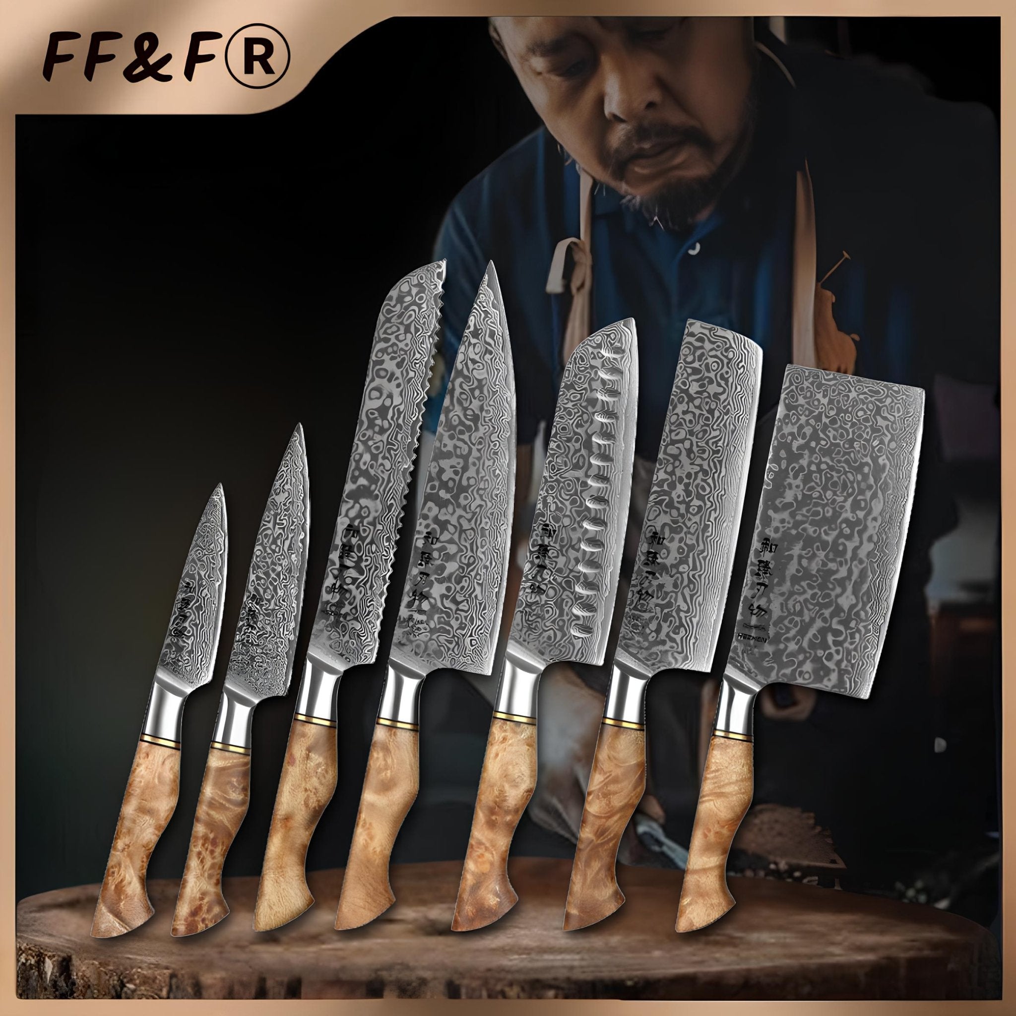 Conjunto de Facas Master 7 Peças em Aço Damasco 67 Camadas com Cabo de Sicômoro Figurado - Forja Fogo&Faca