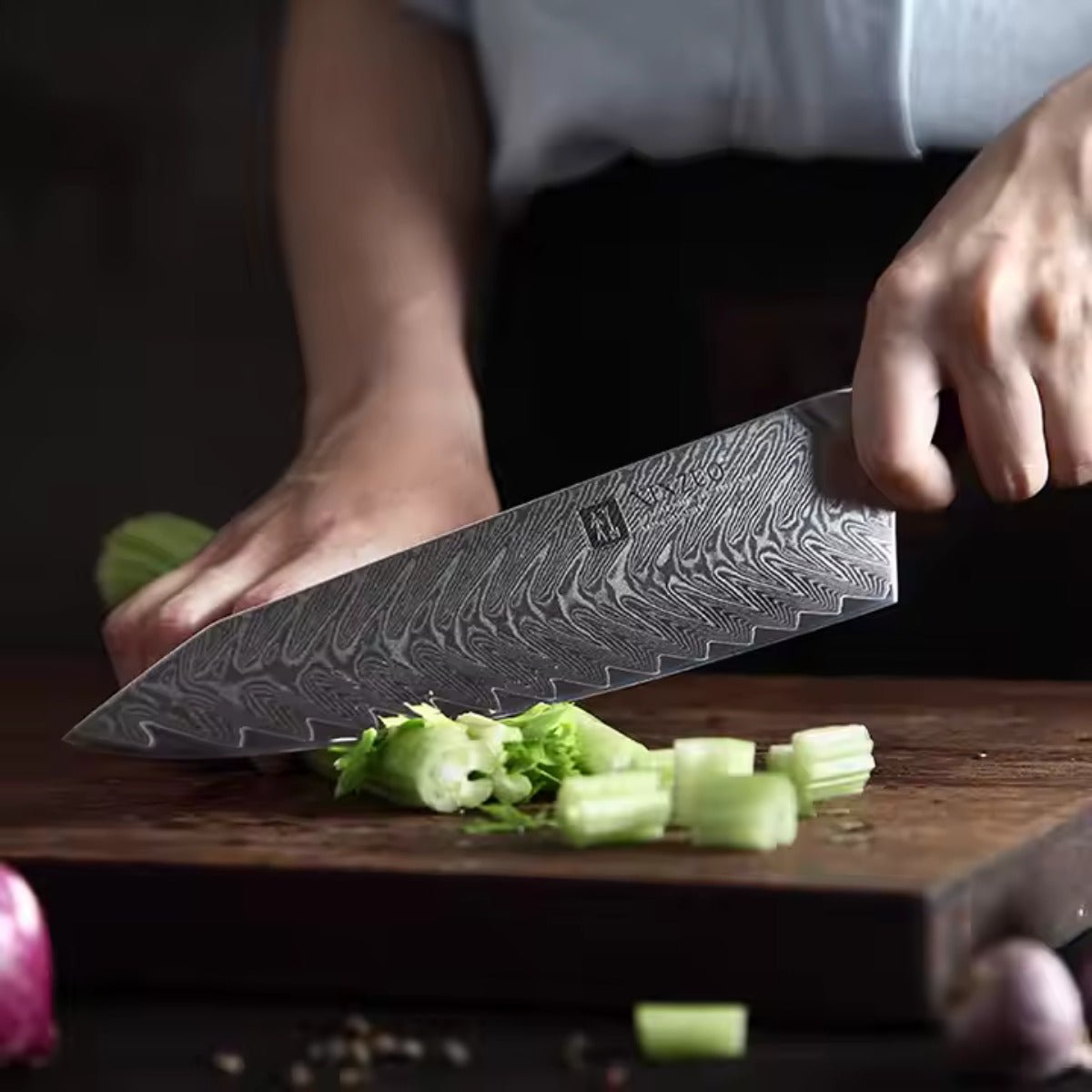 Faca de Chef 8,5” em Aço Damasco 67 Camadas com Cabo de Jacarandá - Forja Fogo&Faca