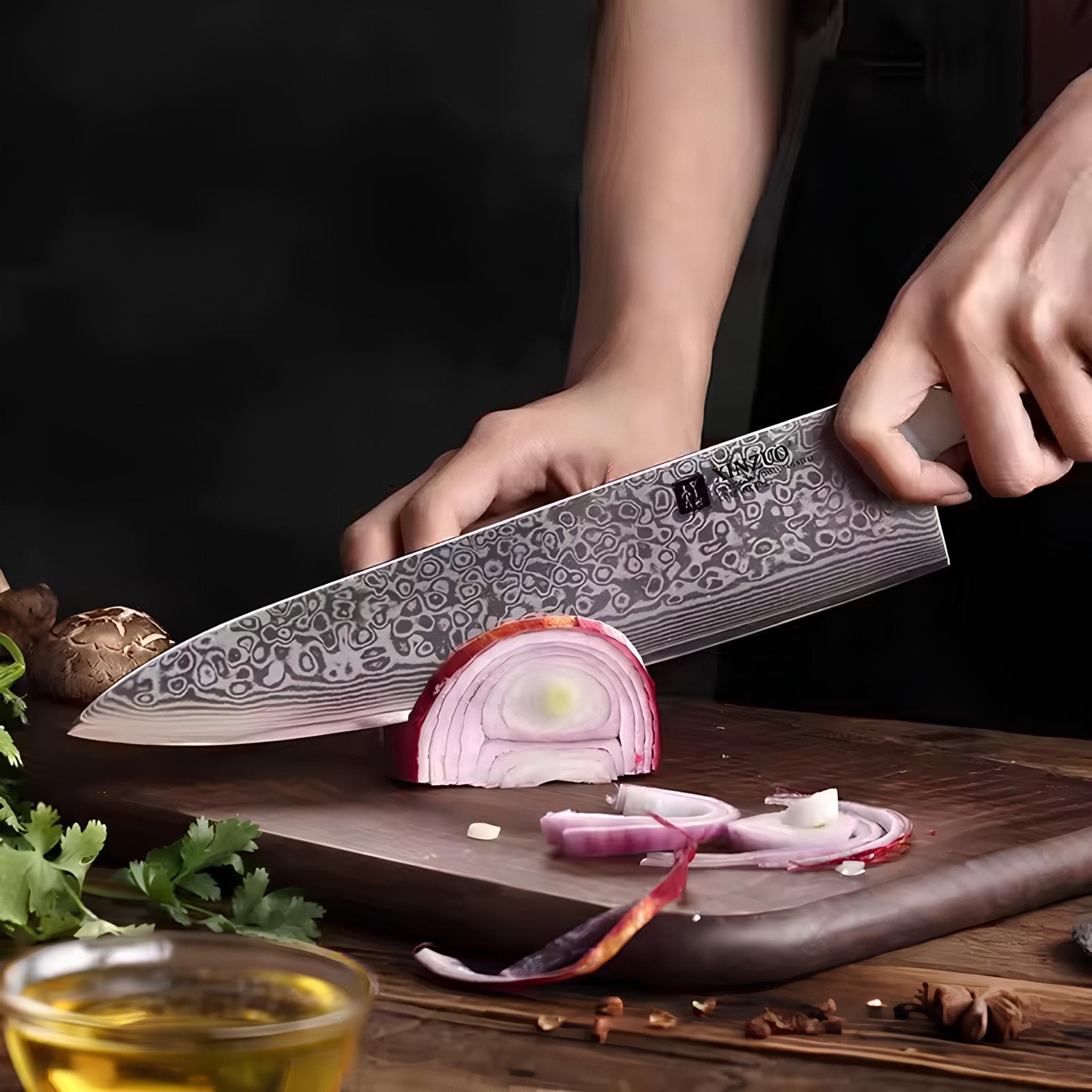 Faca de Chef 8,5" em Aço Damasco 67 Camadas com Cabo em Jacarandá Tratado - Forja Fogo&Faca