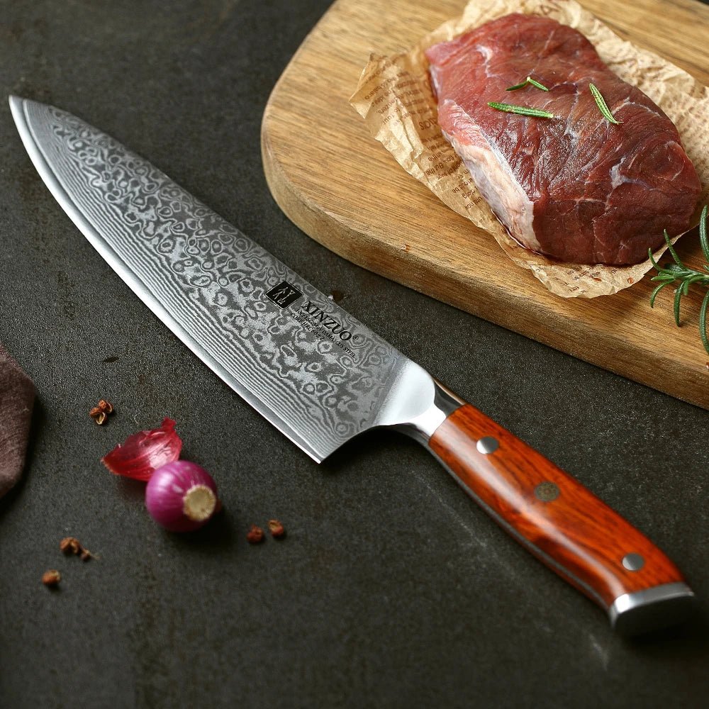 Faca de Chef 8,5" em Aço Damasco 67 Camadas com Cabo em Jacarandá Tratado - Forja Fogo&Faca