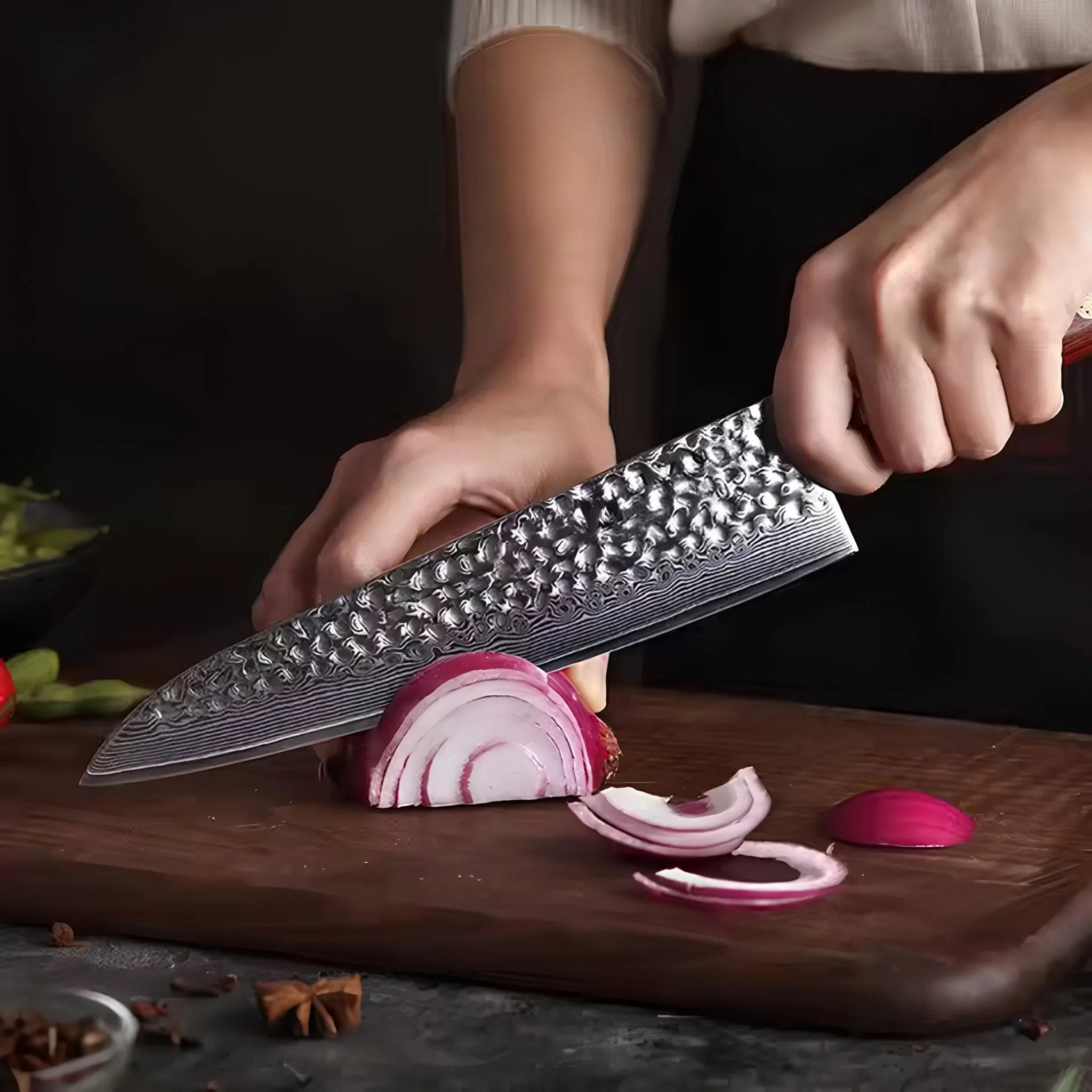 Faca de Chef 8.5" em Aço Damasco com Cabo em Jacarandá - Forja Fogo&Faca