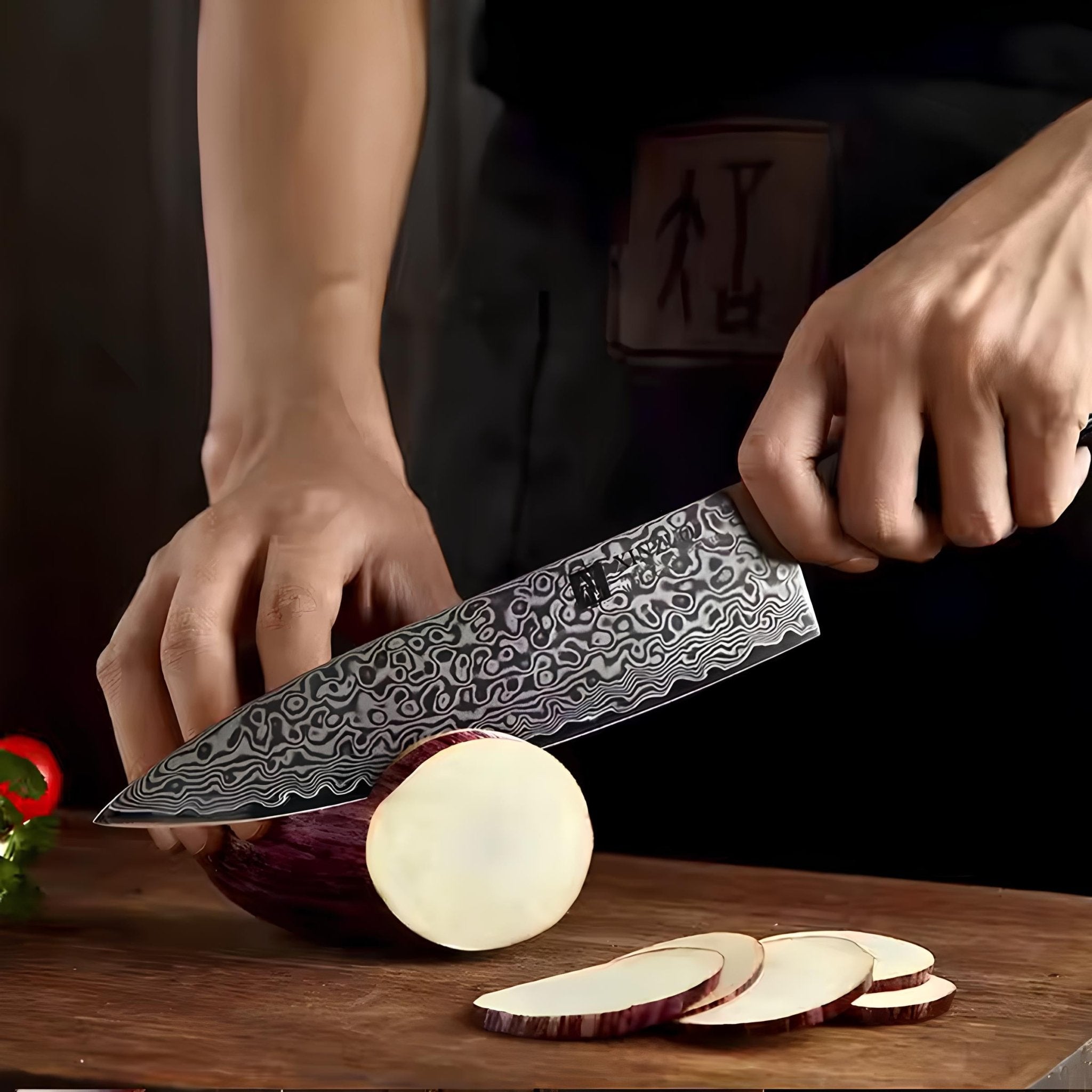 Faca de Chef em Aço Damasco 67 Camadas com Cabo Pakka Wood - Forja Fogo&Faca