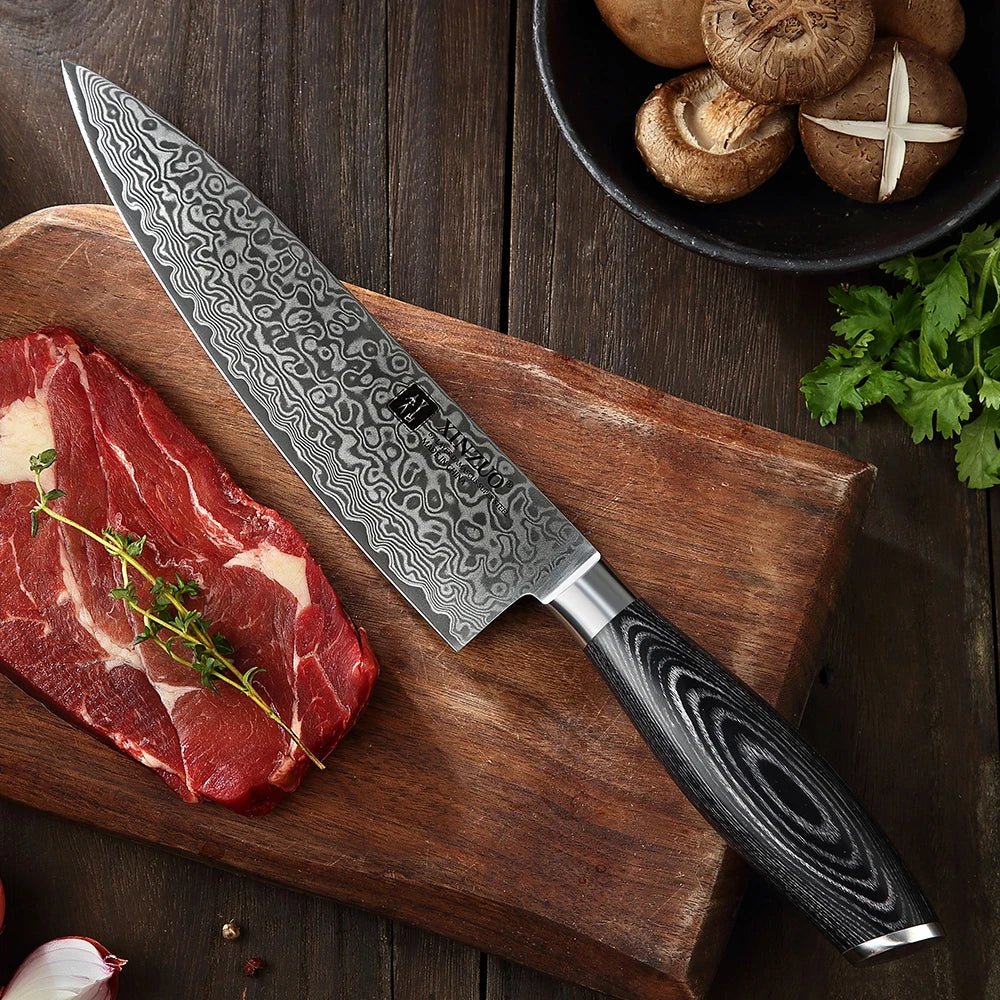 Faca de Chef em Aço Damasco 67 Camadas com Cabo Pakka Wood - Forja Fogo&Faca