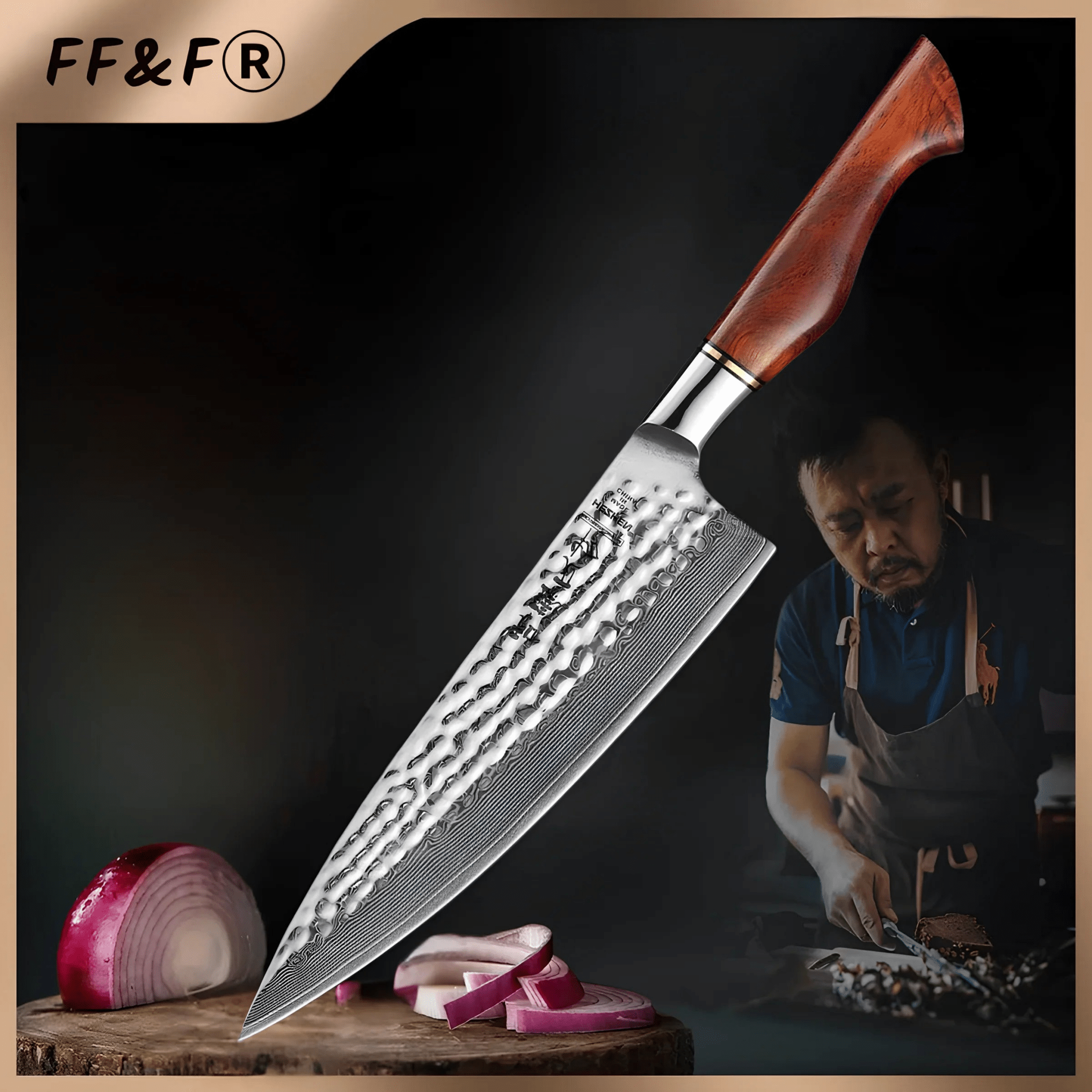Faca de Chef em Aço Damasco de 73 Camadas com Núcleo 14Cr e Cabo em Madeira de Jacarandá Natural - Forja Fogo&Faca