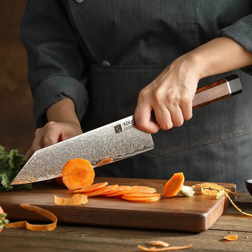 Faca de Chef em Aço Damasco Tricolor com Cabo Multimaterial de Alta Precisão - Forja Fogo&Faca