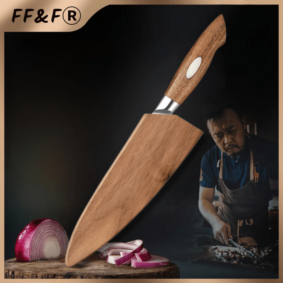 Faca de Chef Japonesa em Aço Damasco AUS - 10 com Cabo de Nogueira Preta - Forja Fogo&Faca