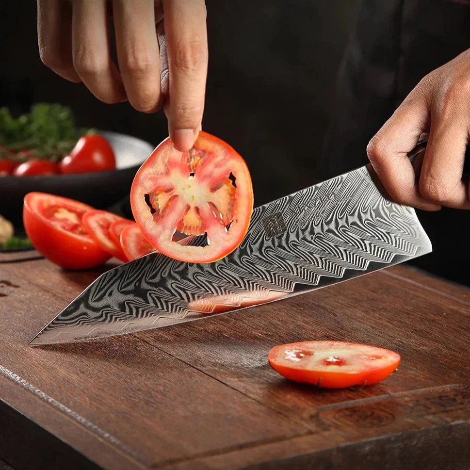 Faca de Chef Profissional 8,5″ em Aço Damasco com Cabo G10 - Forja Fogo&Faca
