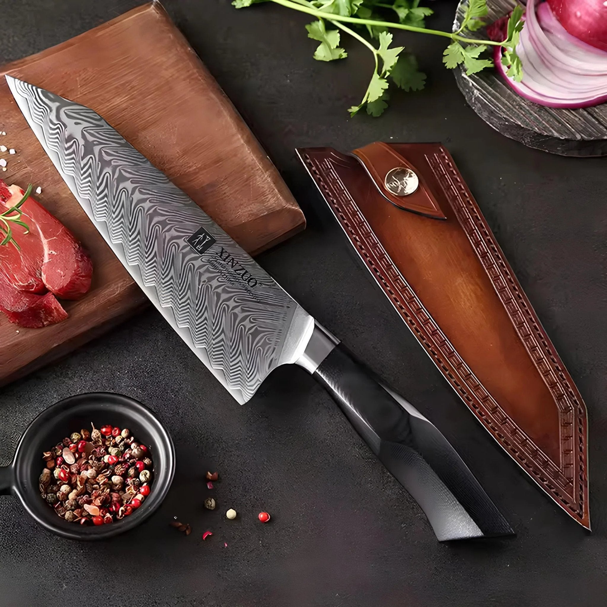 Faca de Chef Profissional 8,5″ em Aço Damasco com Cabo G10 - Forja Fogo&Faca