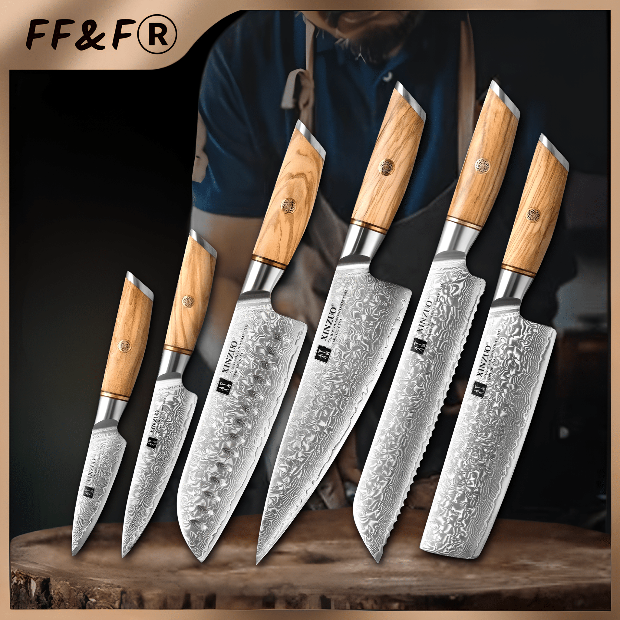 Conjunto 6 Peças de Facas de Chef em Aço Damasco de 73 Camadas - Forja Fogo&Faca