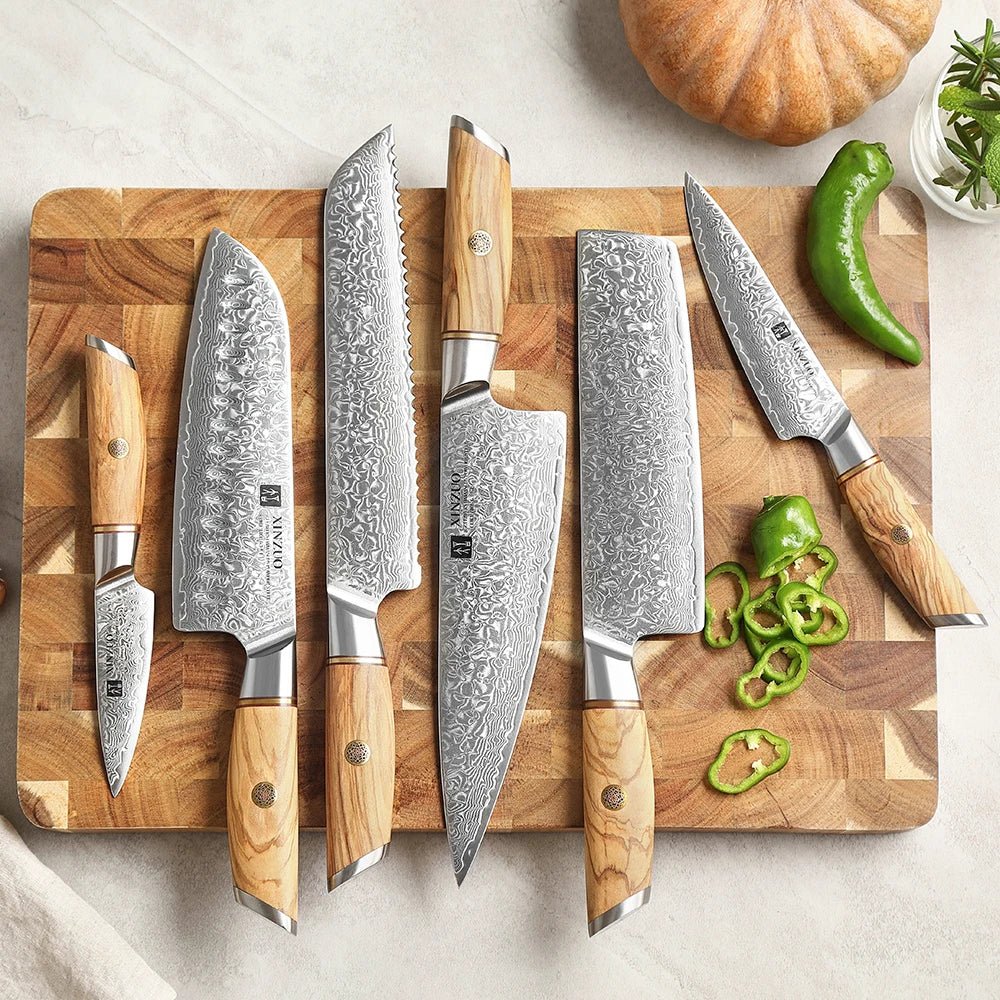 Conjunto 6 Peças de Facas de Chef em Aço Damasco de 73 Camadas - Forja Fogo&Faca