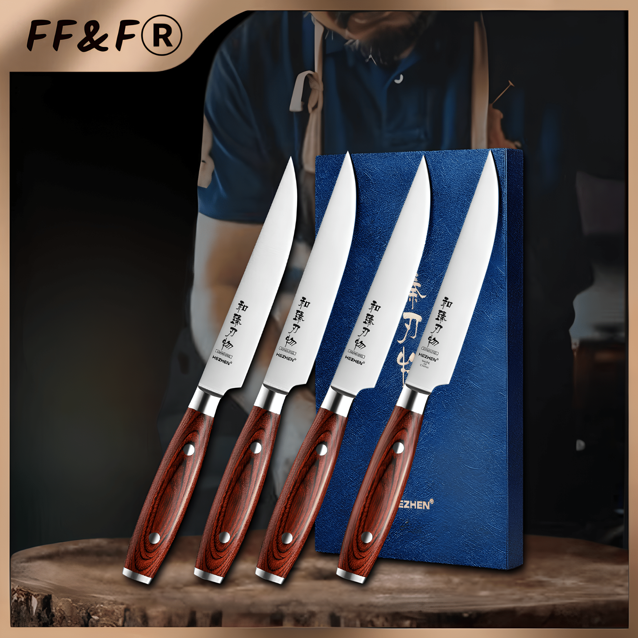 Conjunto de 4 Facas para Carne em Aço Alemão e Madeira Pakka - Forja Fogo&Faca