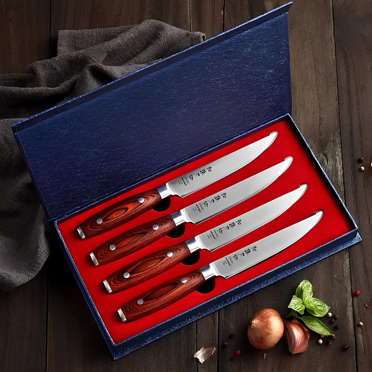 Conjunto de 4 Facas para Carne em Aço Alemão e Madeira Pakka - Forja Fogo&Faca