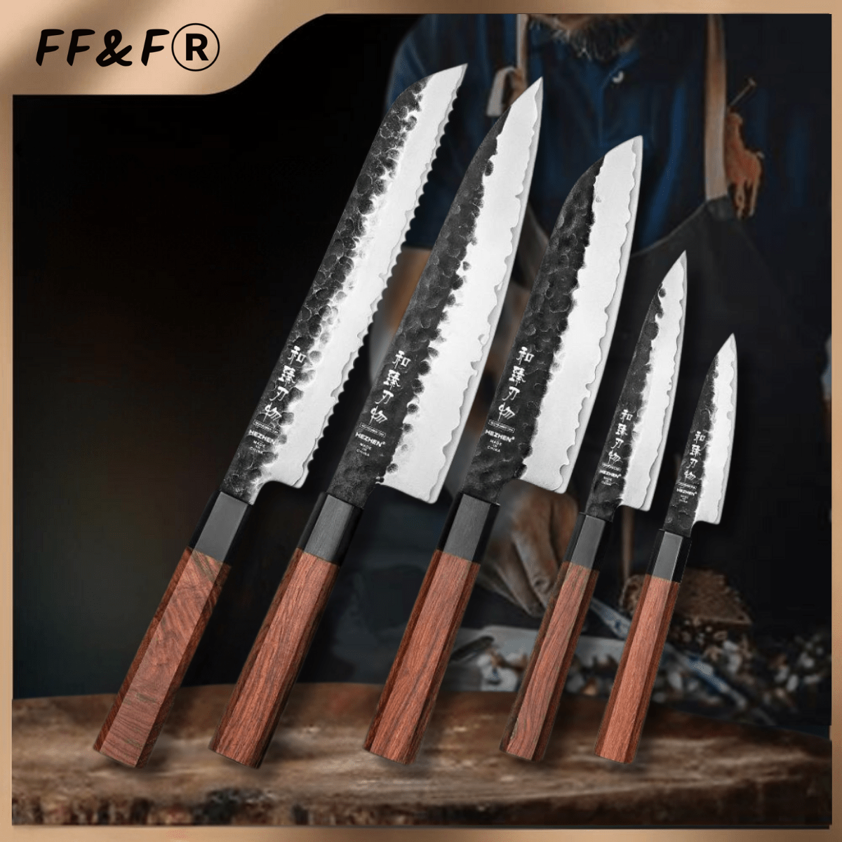 Conjunto de 5 facas de cozinha em aço composto retrô com cabos de madeira vermelha premium - Forja Fogo&Faca
