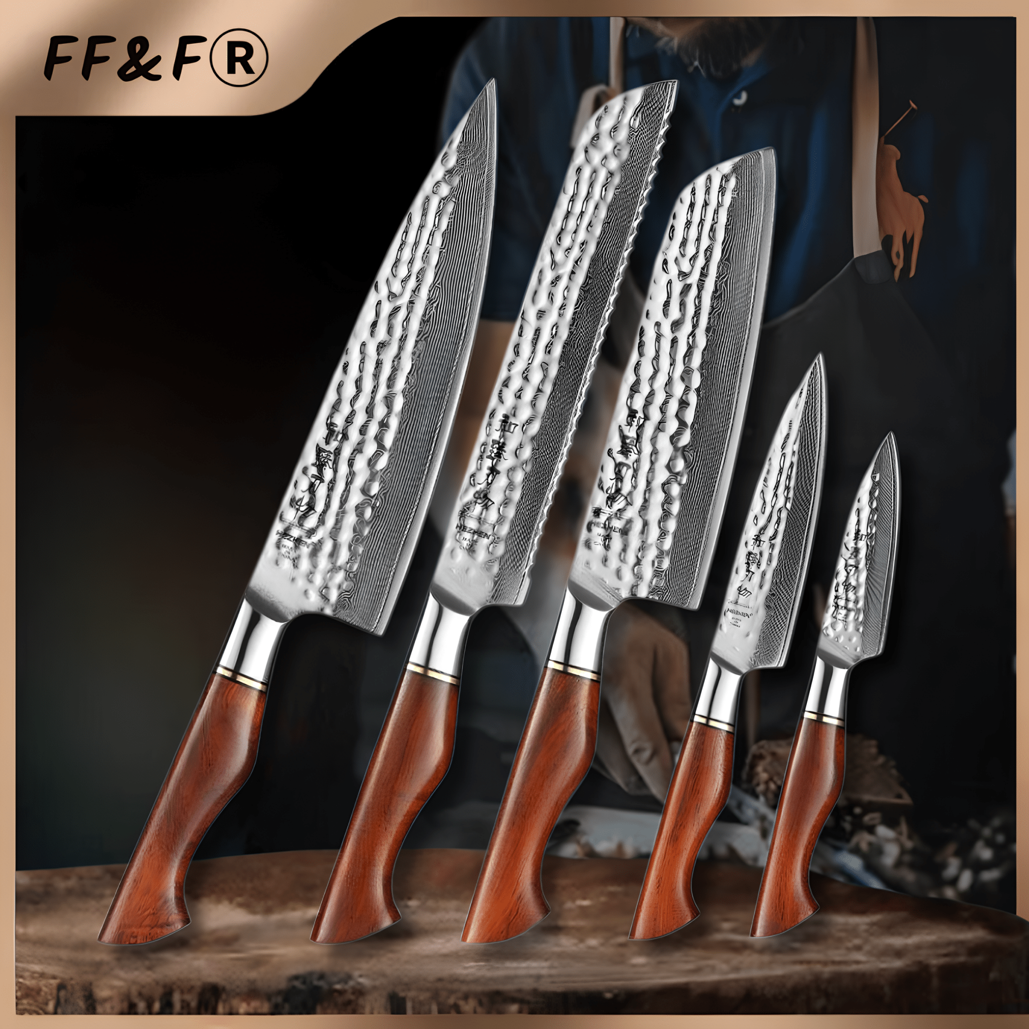 Conjunto de Facas 5 Peças Master Series em Aço Damasco - Forja Fogo&Faca