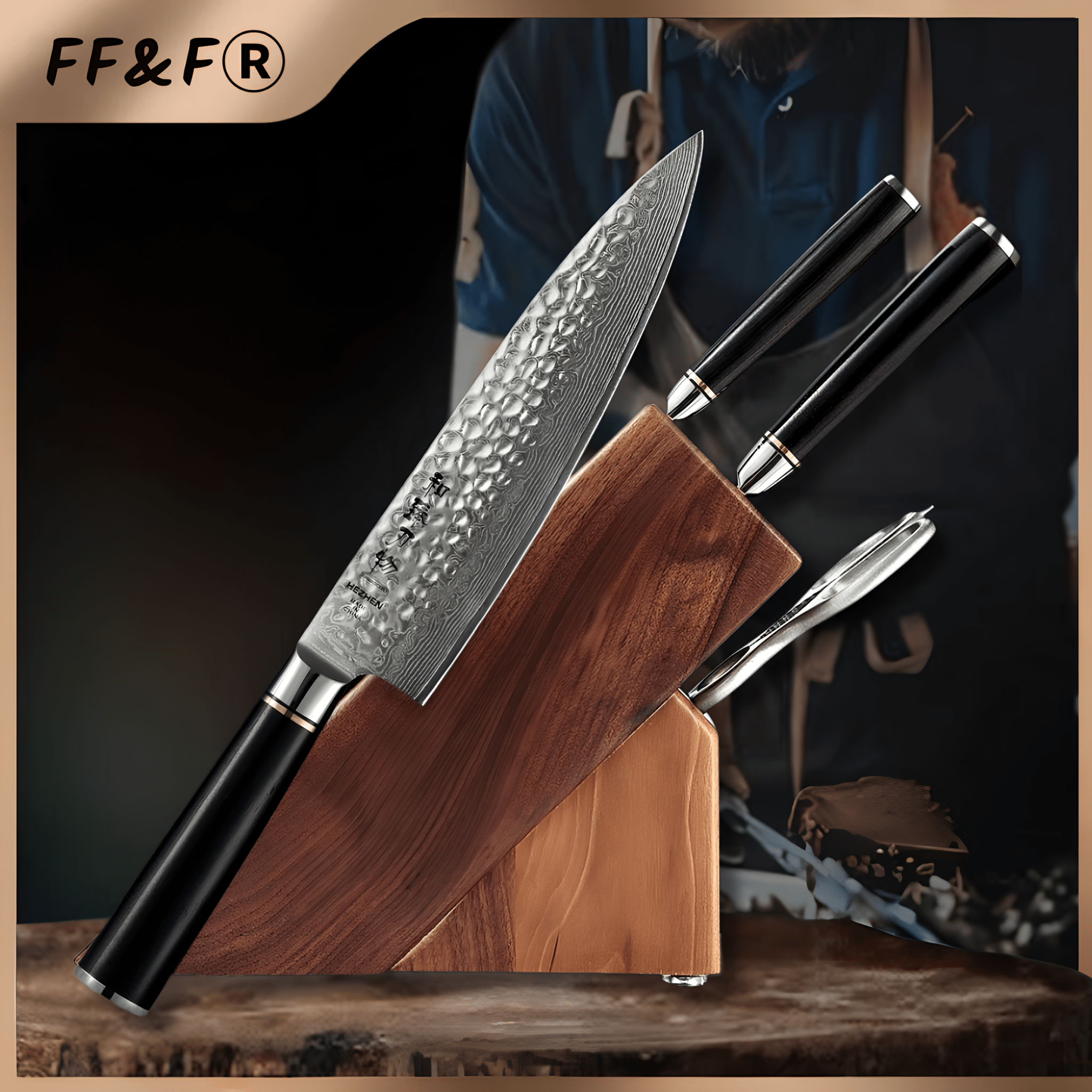 Conjunto de Facas Artesanais 67 Camadas Damasco com Tesoura e Suporte - Forja Fogo&Faca
