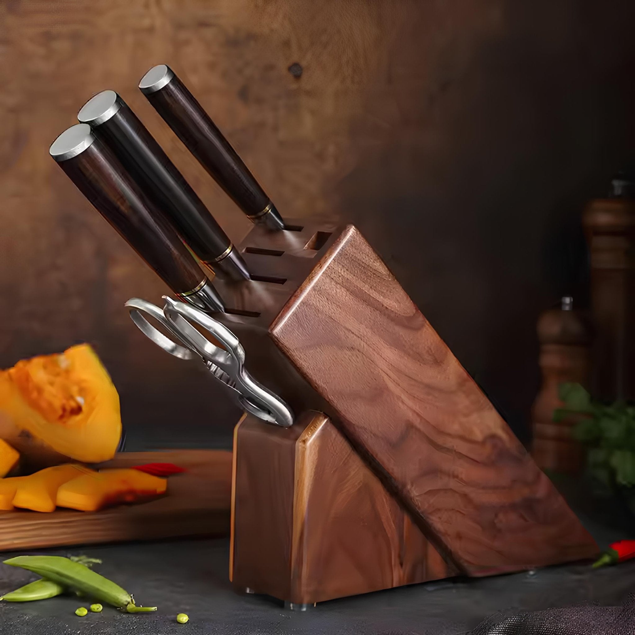 Conjunto de Facas Artesanais 67 Camadas Damasco com Tesoura e Suporte - Forja Fogo&Faca