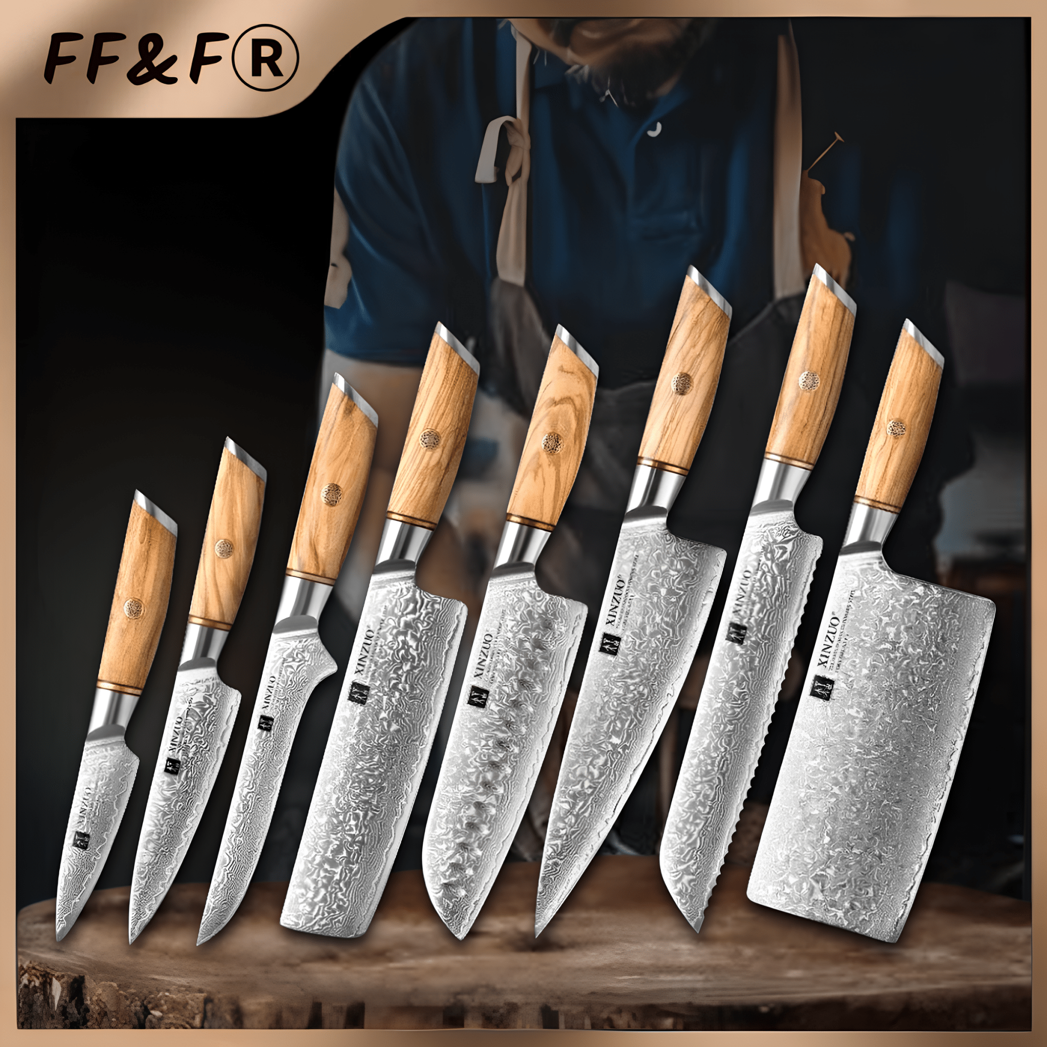 Conjunto de Facas Chef 8 Peças em Aço Damasco de 73 Camadas Série Lan - Forja Fogo&Faca