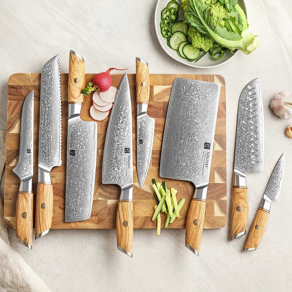 Conjunto de Facas Chef 8 Peças em Aço Damasco de 73 Camadas Série Lan - Forja Fogo&Faca