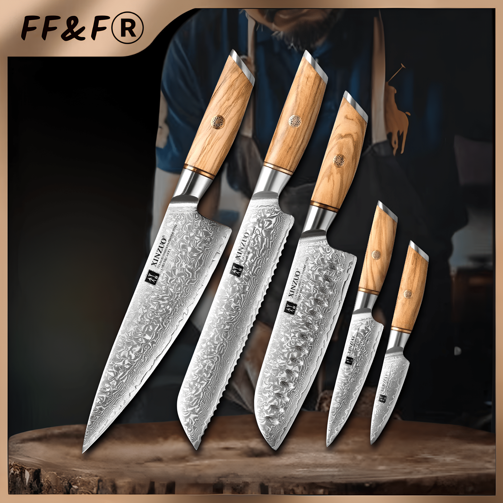 Conjunto de Facas de Chef 5 Peças em Aço Damasco de 73 Camadas - Forja Fogo&Faca