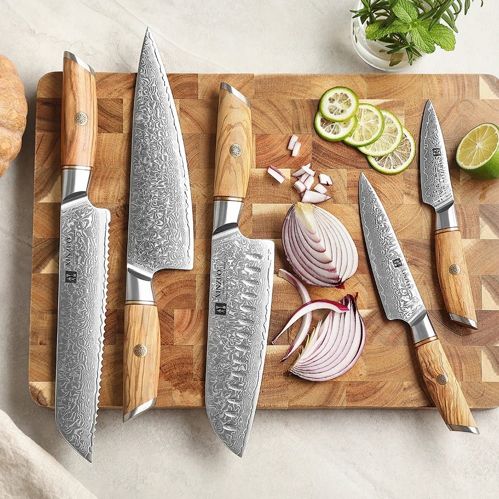Conjunto de Facas de Chef 5 Peças em Aço Damasco de 73 Camadas - Forja Fogo&Faca