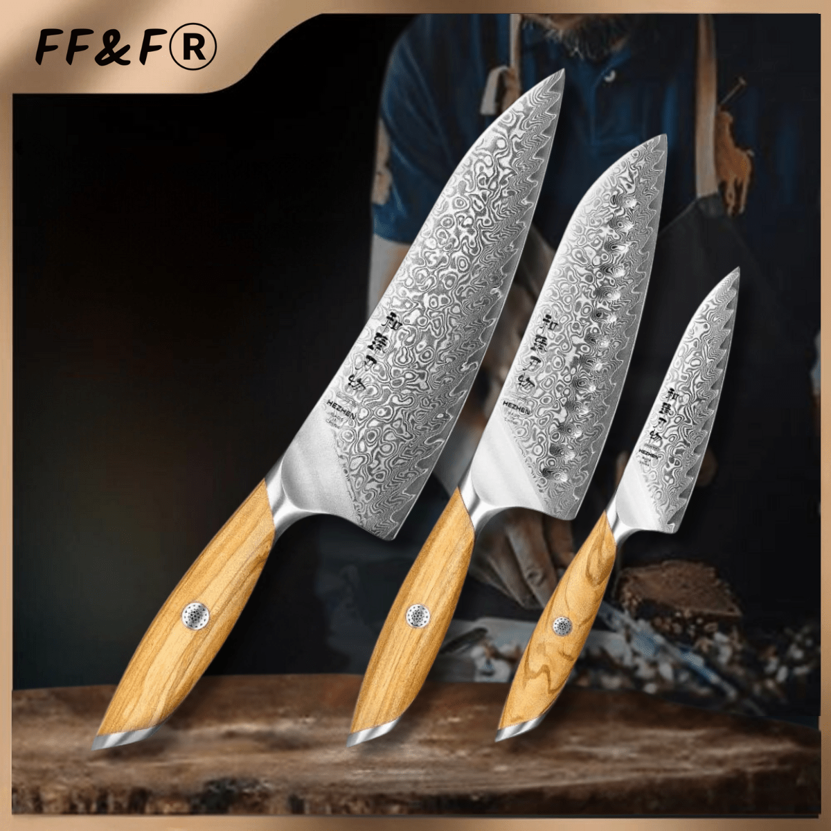Conjunto de Facas de Chef em Aço Damasco – 3 Peças com Cabo de Madeira de Oliveira - Forja Fogo&Faca