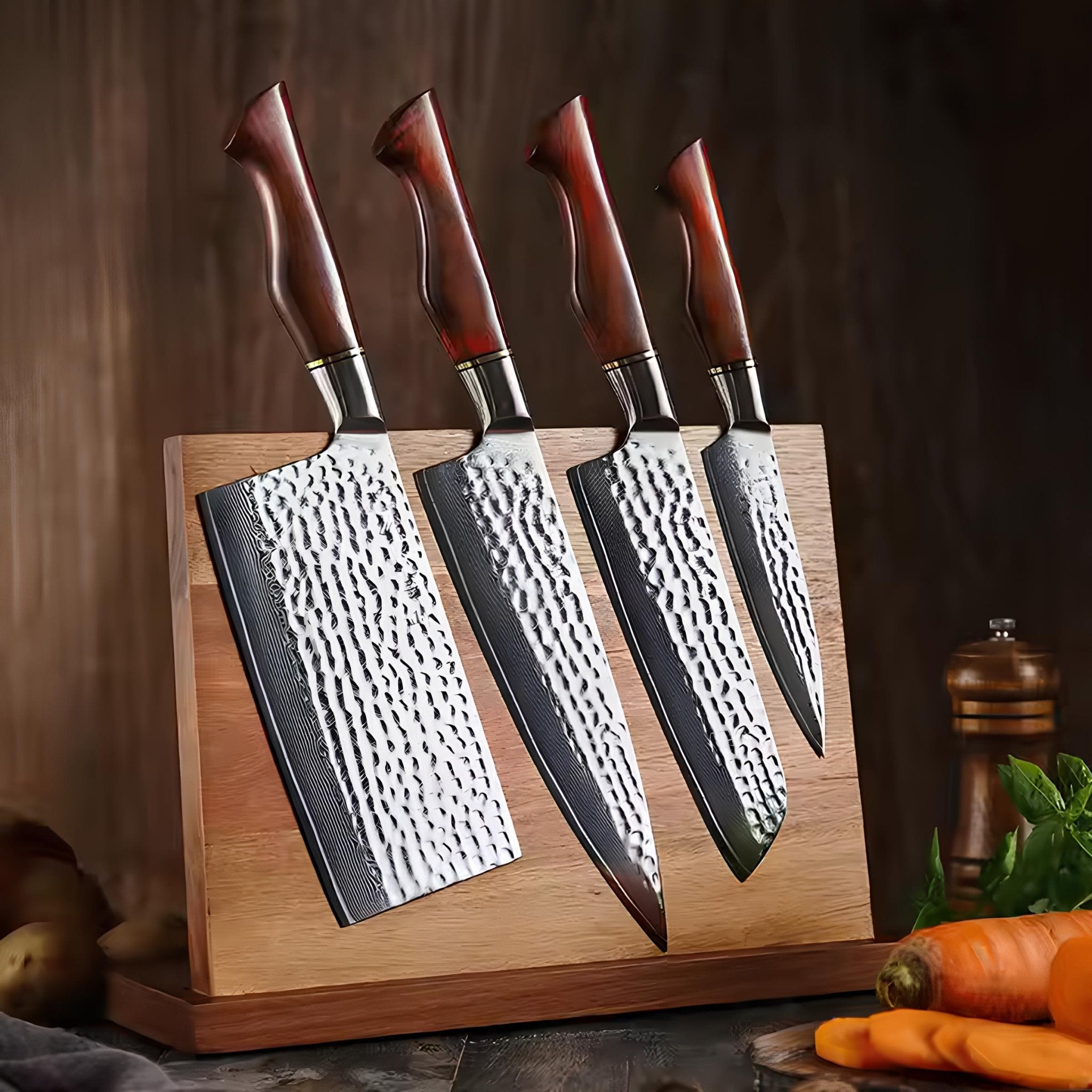 Conjunto de Facas de Cozinha em Aço Damasco 73 Camadas com Suporte Magnético - Forja Fogo&Faca