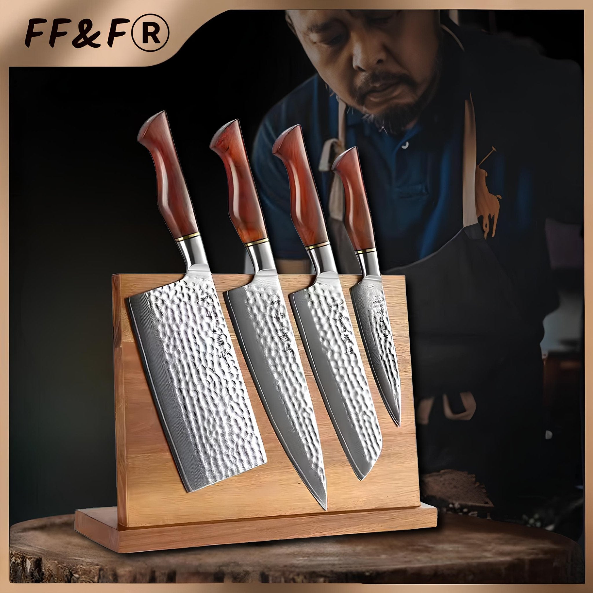 Conjunto de Facas de Cozinha em Aço Damasco 73 Camadas com Suporte Magnético - Forja Fogo&Faca