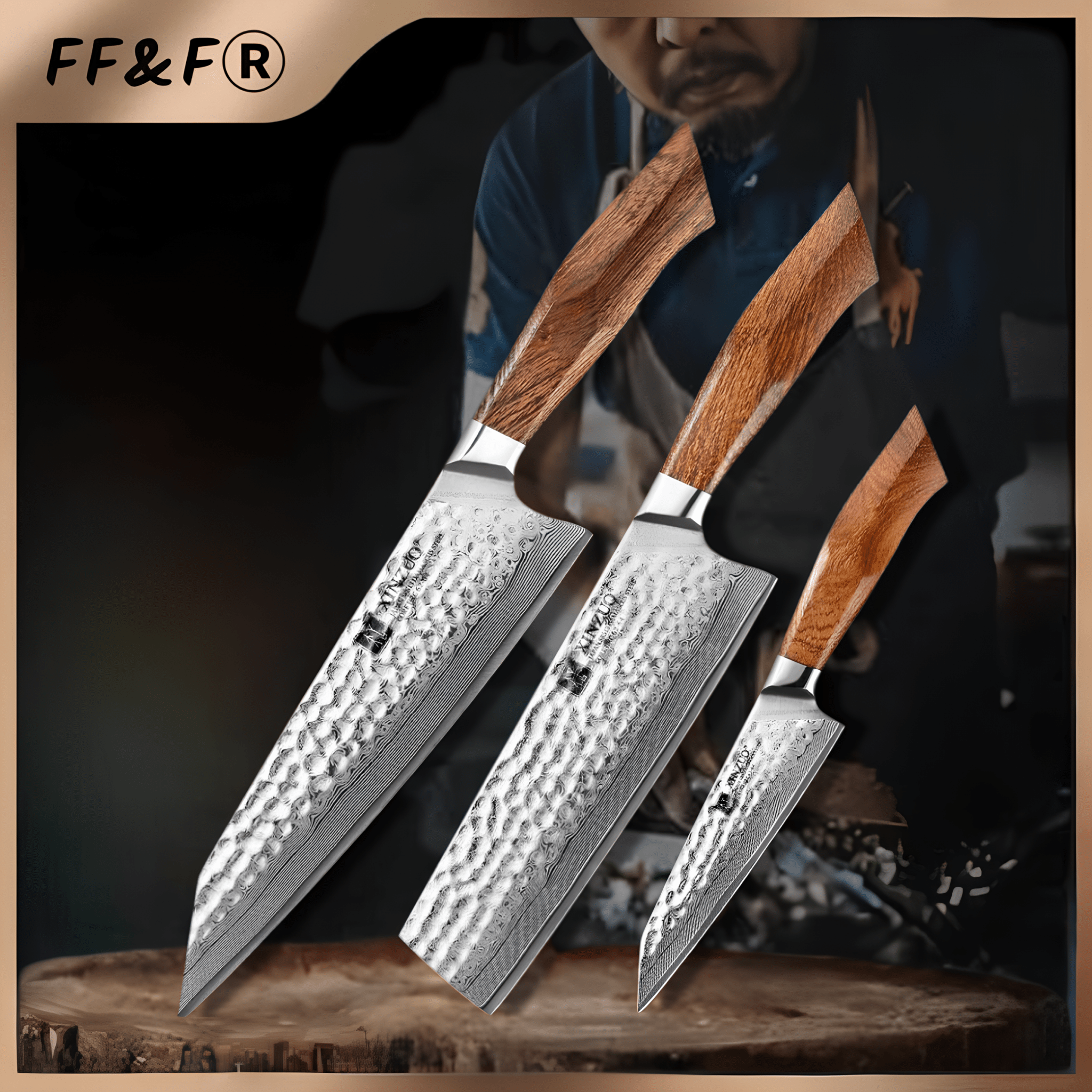 Conjunto de Facas de Cozinha em Aço Damasco com Núcleo SRS13 - Forja Fogo&Faca