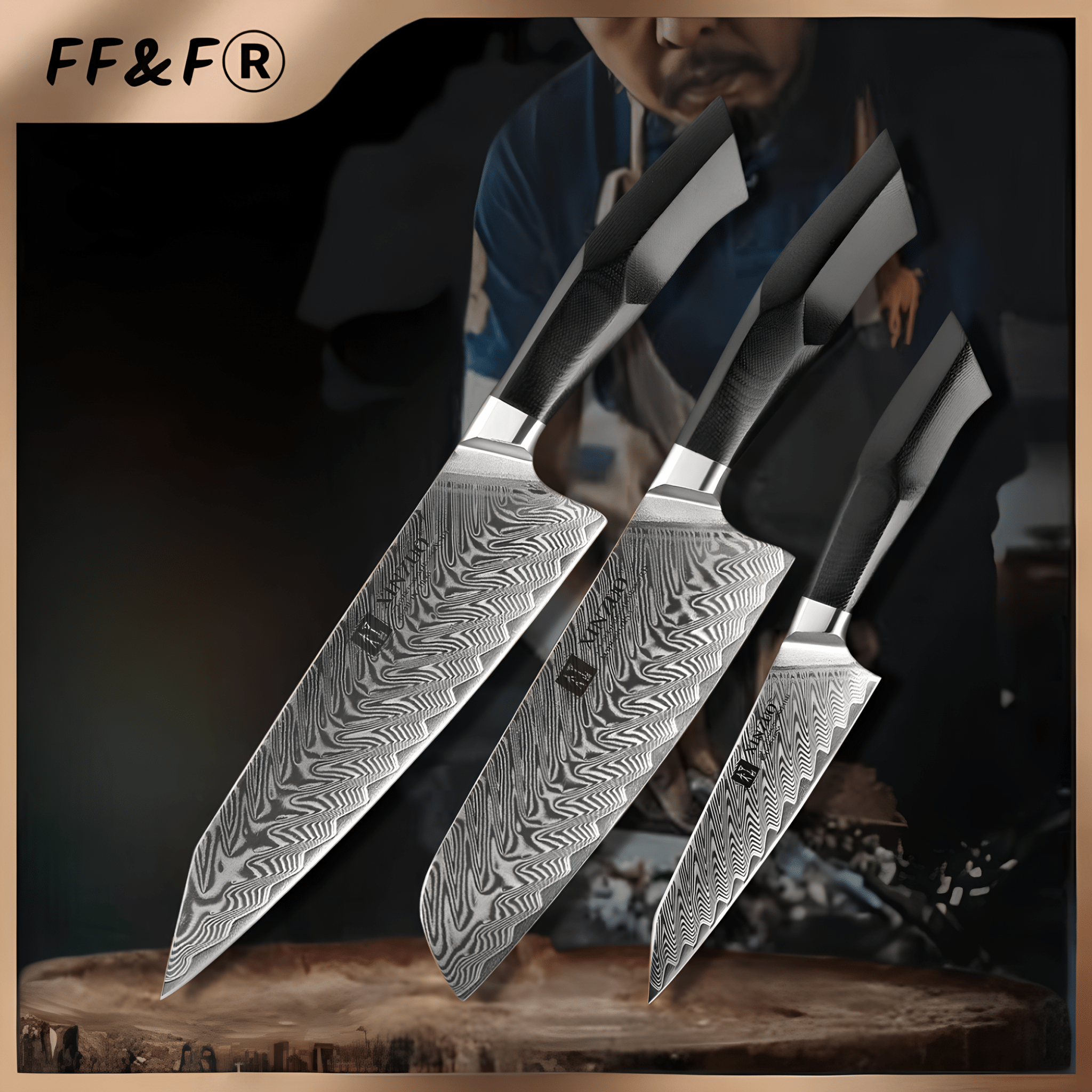 Conjunto Premium de Facas Damasco – Série Feng 3 Peças - Forja Fogo&Faca
