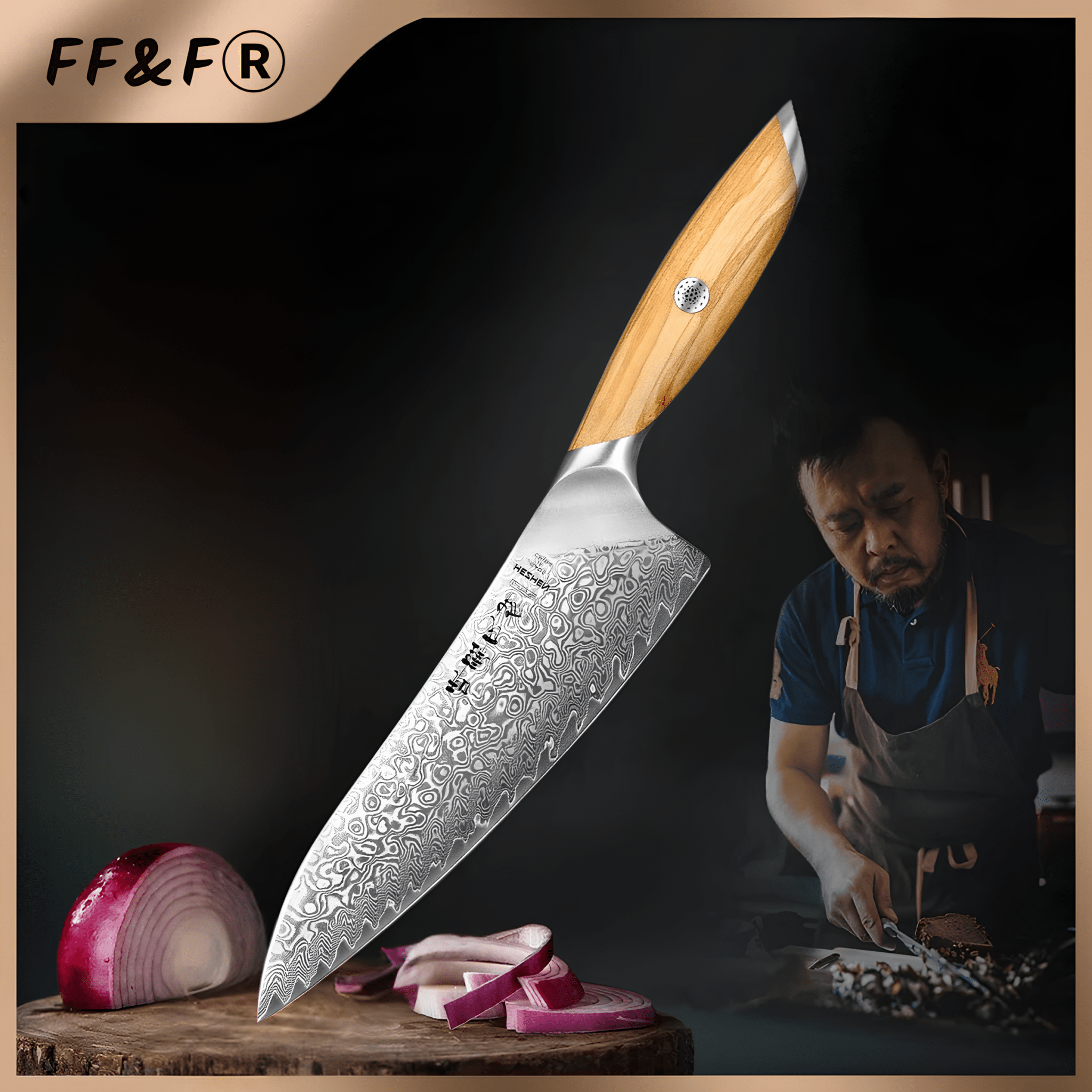 Faca de Chef 8" em Aço Damasco 73 Camadas com Cabo de Madeira de Oliveira - Forja Fogo&Faca