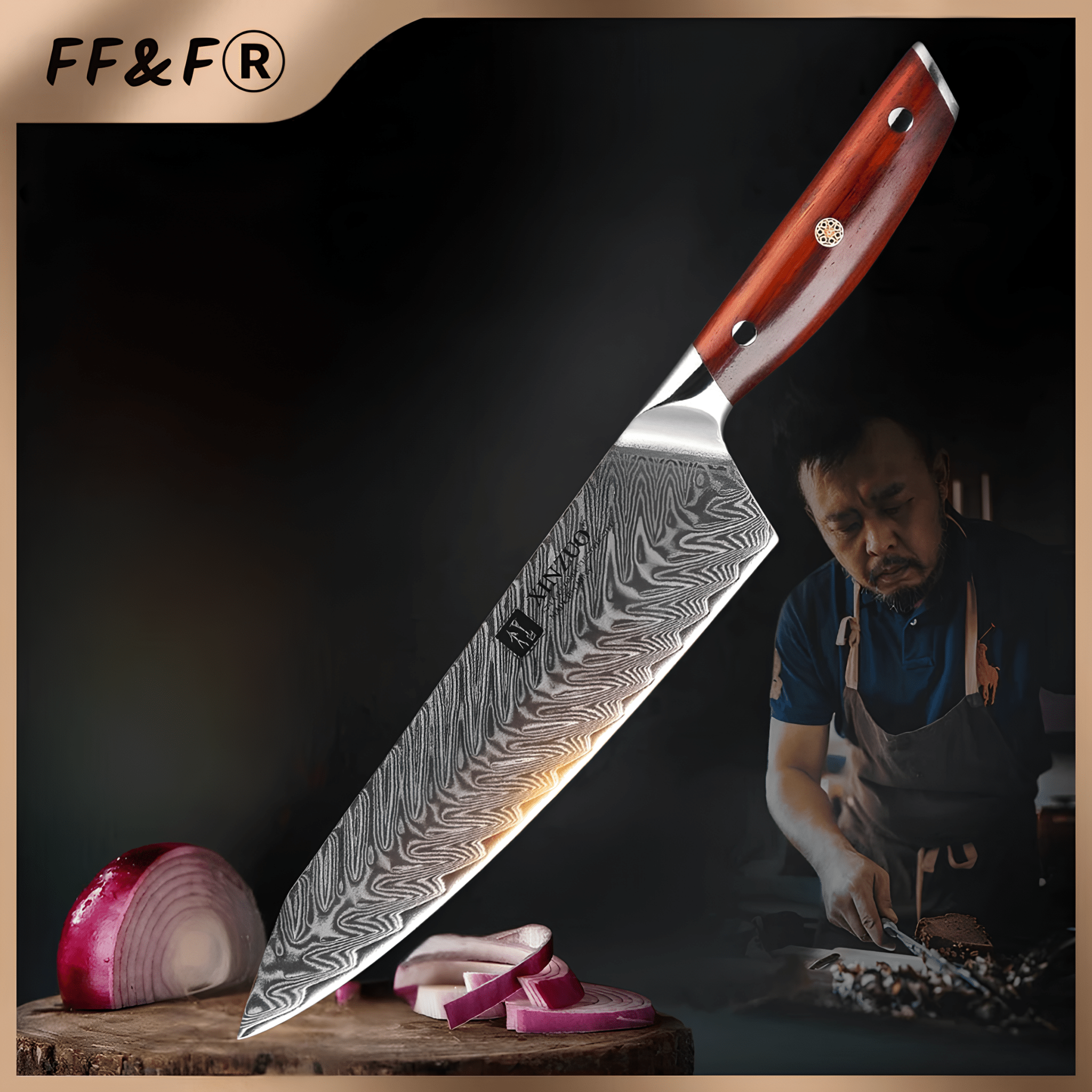 Faca de Chef 8,5” em Aço Damasco 67 Camadas com Cabo de Jacarandá - Forja Fogo&Faca