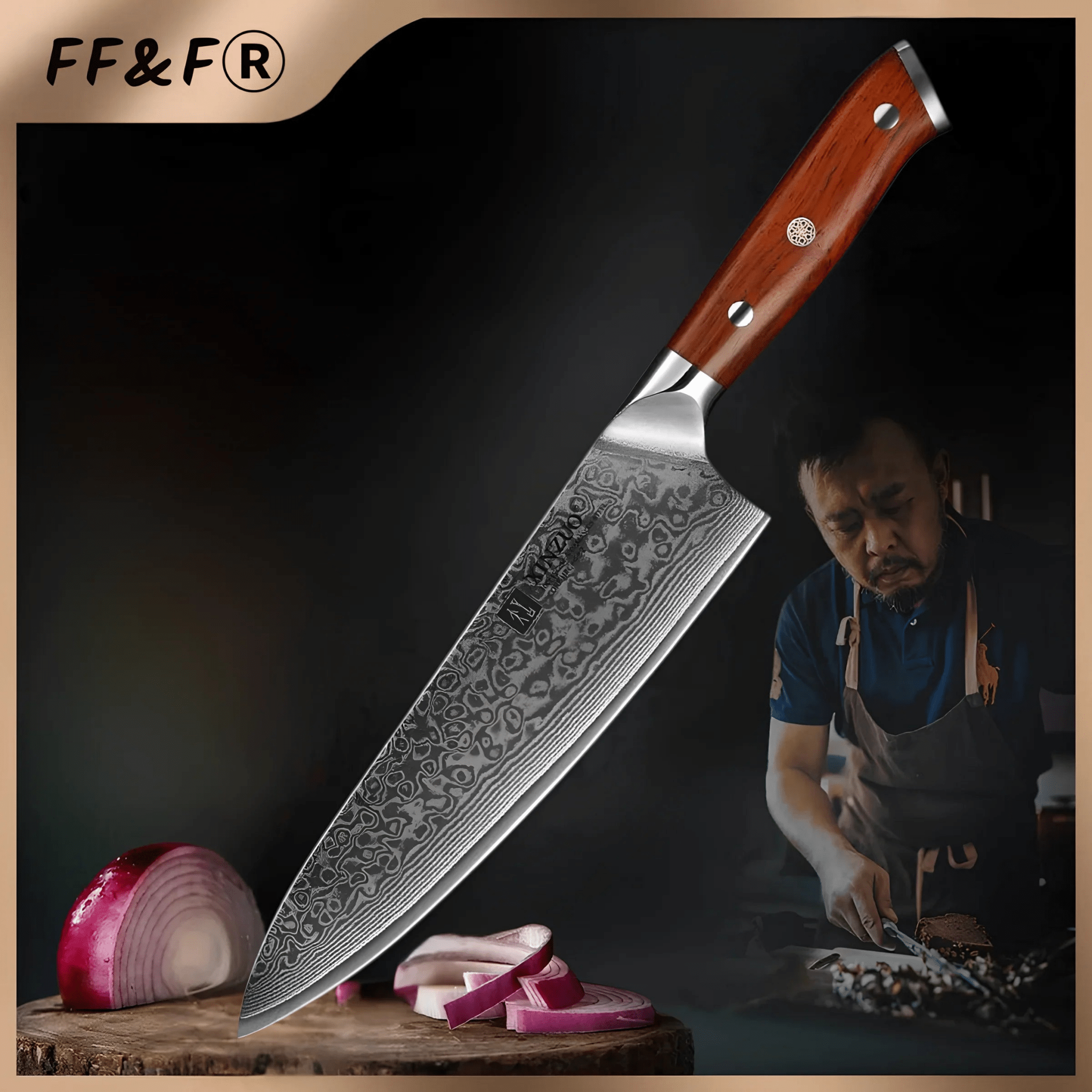 Faca de Chef 8,5" em Aço Damasco 67 Camadas com Cabo em Jacarandá Tratado - Forja Fogo&Faca