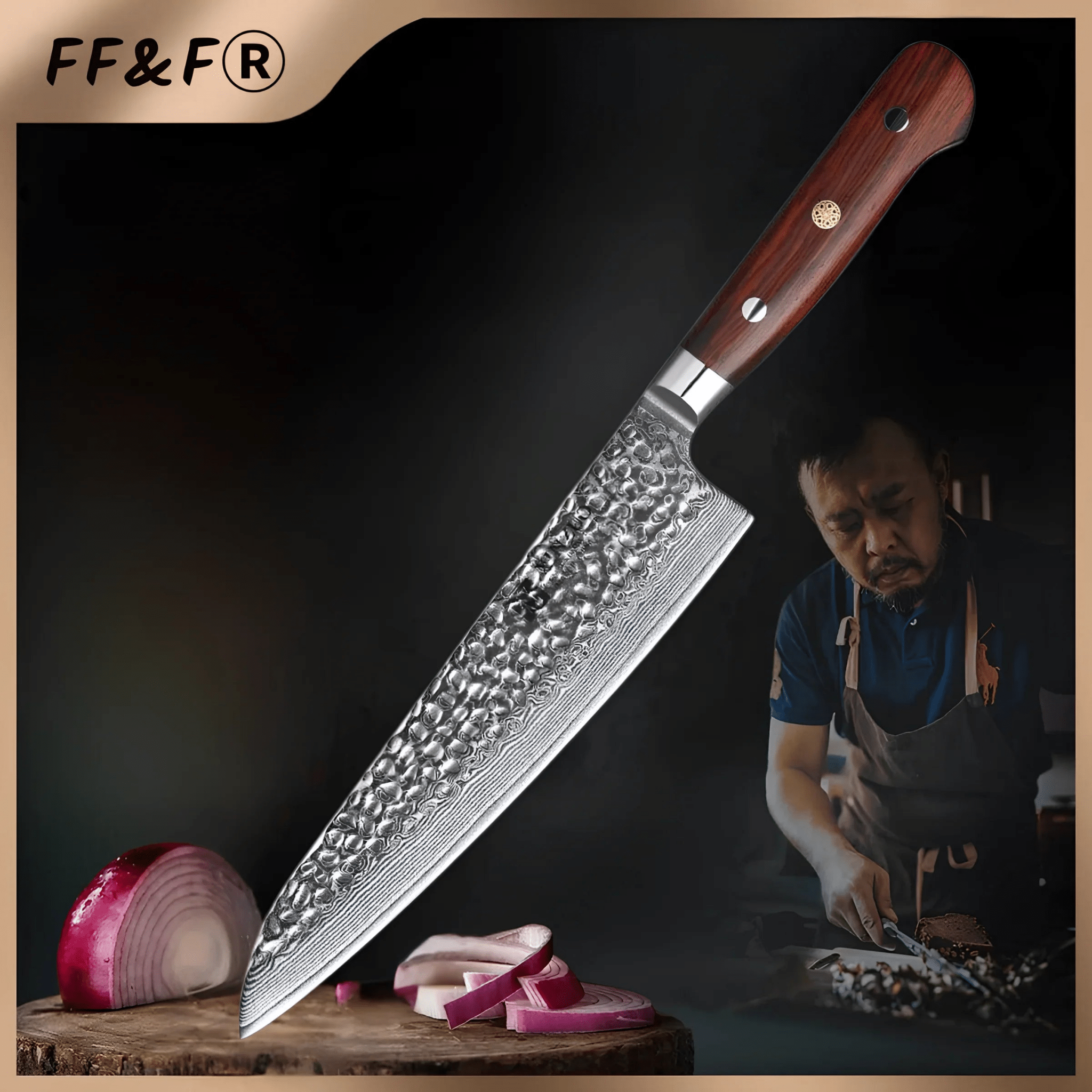 Faca de Chef 8.5" em Aço Damasco com Cabo em Jacarandá - Forja Fogo&Faca