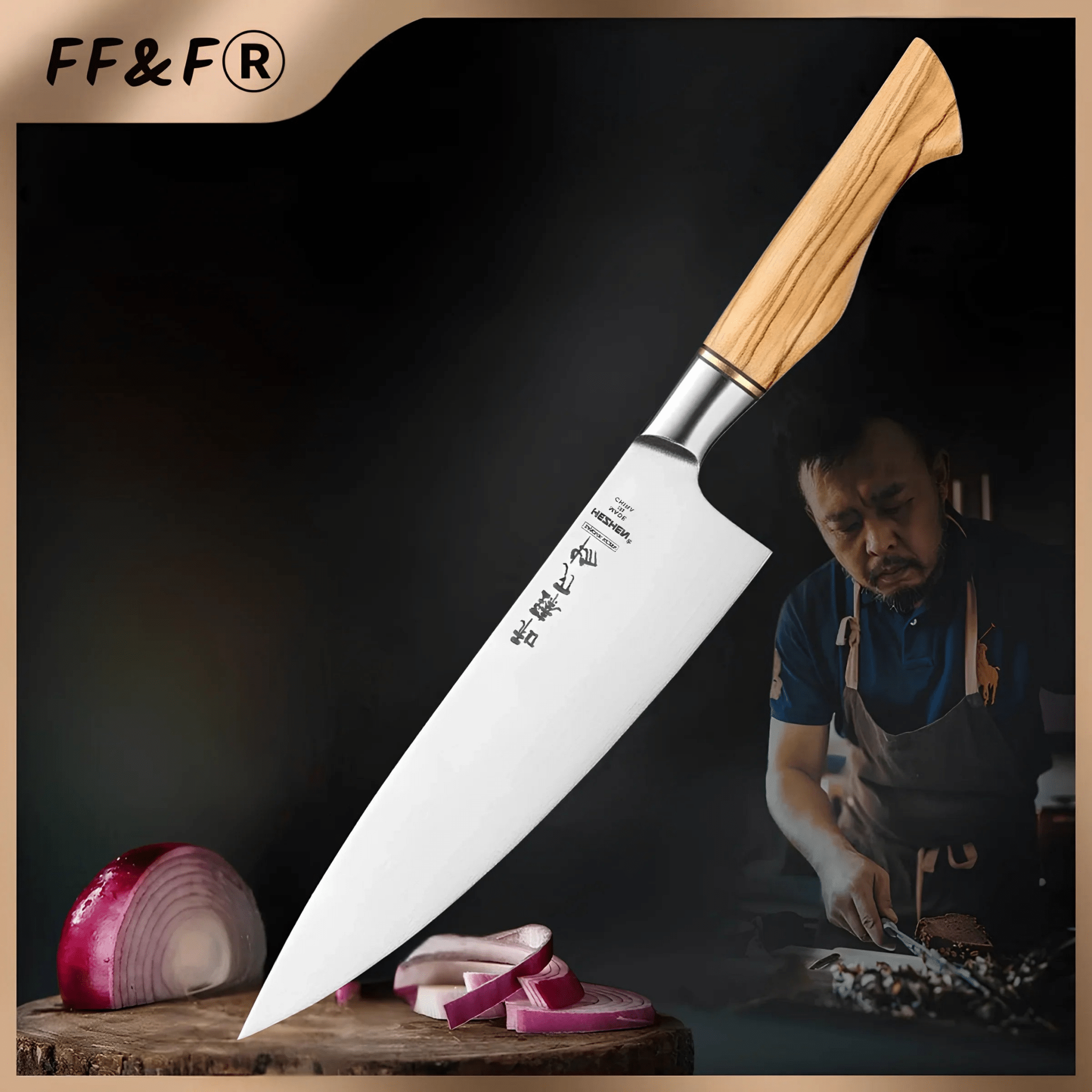 Faca de Chef de 8,3" em Aço Sandvik 14C28N com Cabo em Madeira de Oliveira - Forja Fogo&Faca