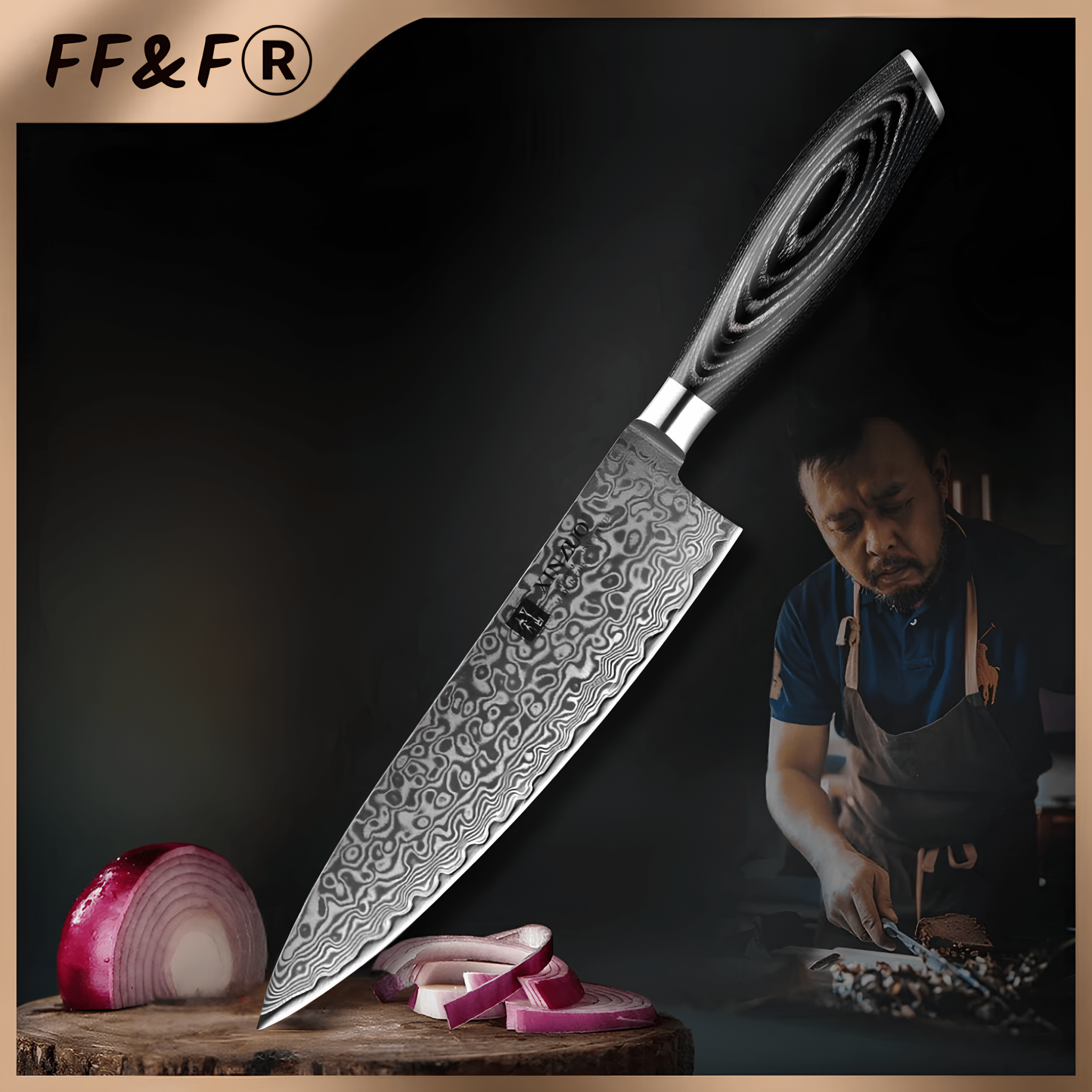 Faca de Chef em Aço Damasco 67 Camadas com Cabo Pakka Wood - Forja Fogo&Faca