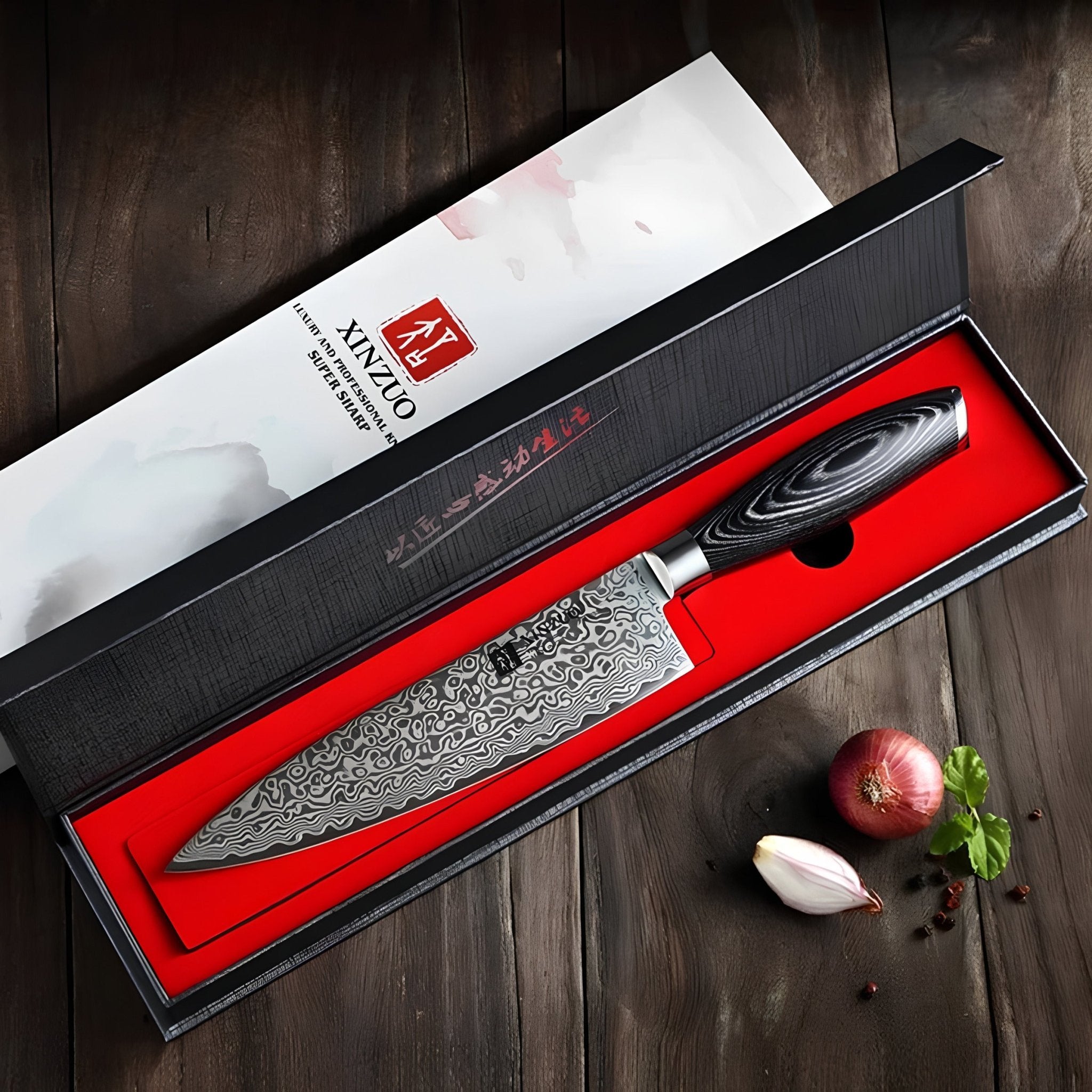 Faca de Chef em Aço Damasco 67 Camadas com Cabo Pakka Wood - Forja Fogo&Faca