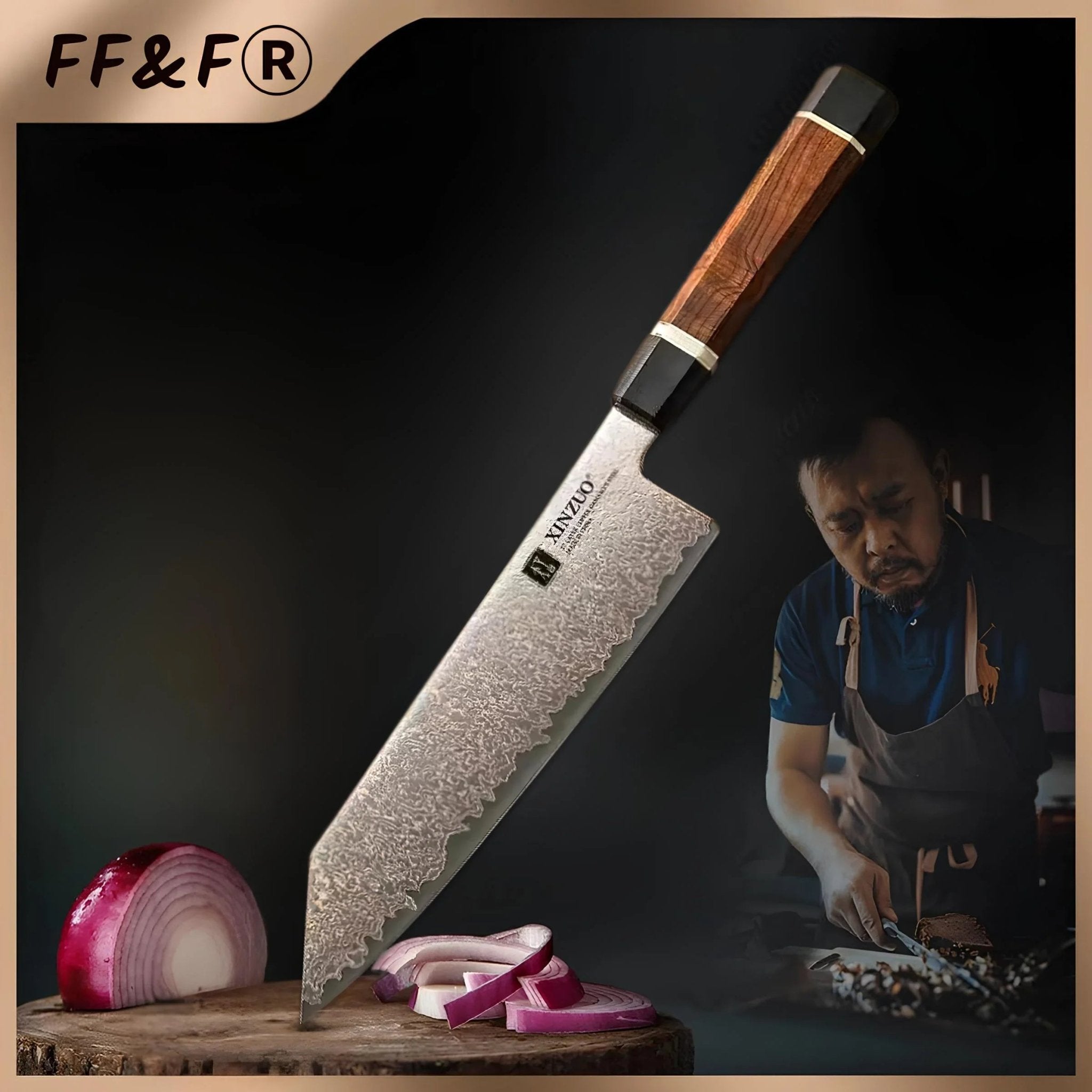 Faca de Chef em Aço Damasco Tricolor com Cabo Multimaterial de Alta Precisão - Forja Fogo&Faca