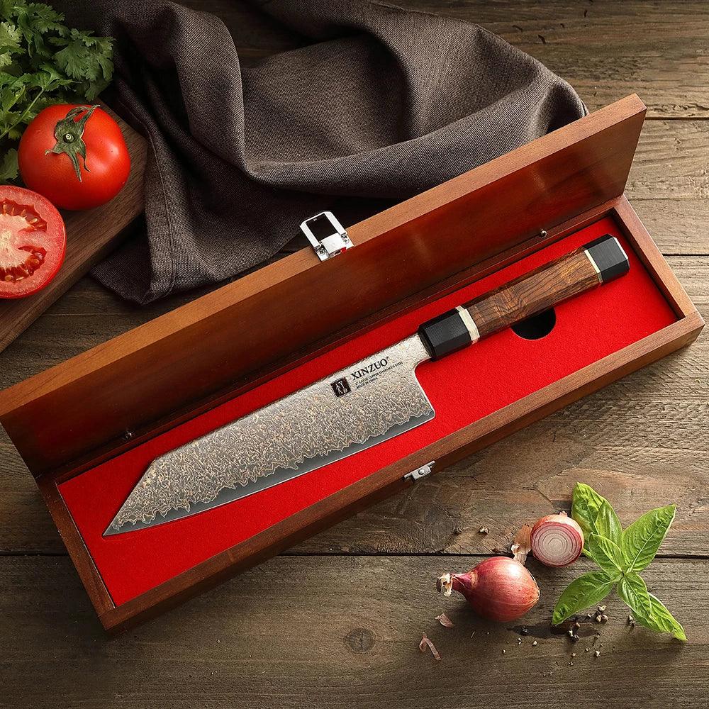 Faca de Chef em Aço Damasco Tricolor com Cabo Multimaterial de Alta Precisão - Forja Fogo&Faca