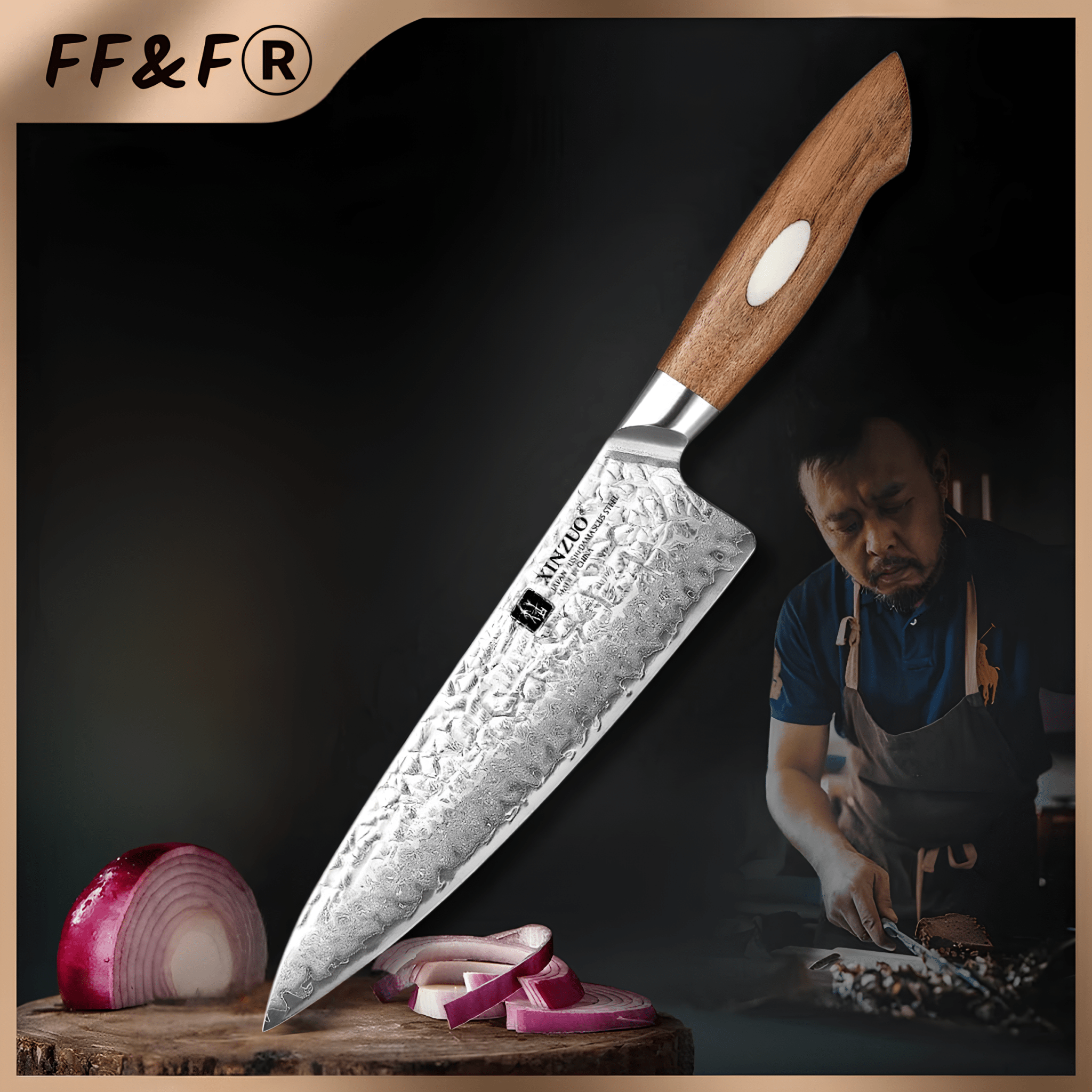 Faca de Chef Japonesa em Aço Damasco AUS - 10 com Cabo de Nogueira Preta - Forja Fogo&Faca