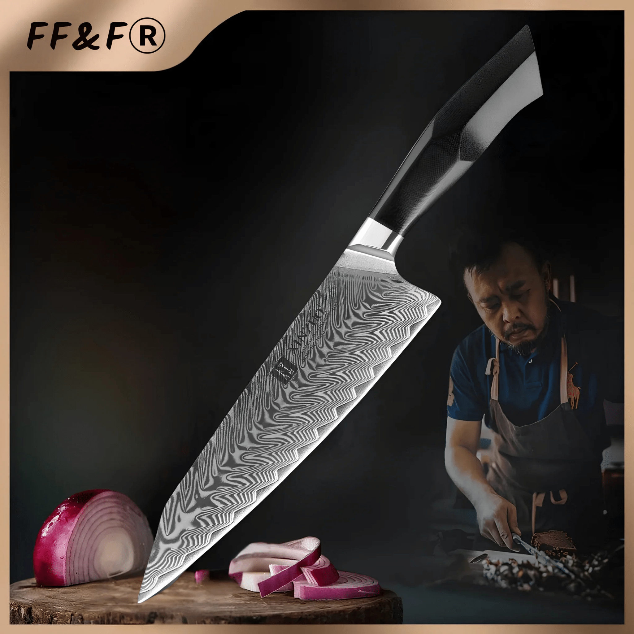 Faca de Chef Profissional 8,5″ em Aço Damasco com Cabo G10 - Forja Fogo&Faca